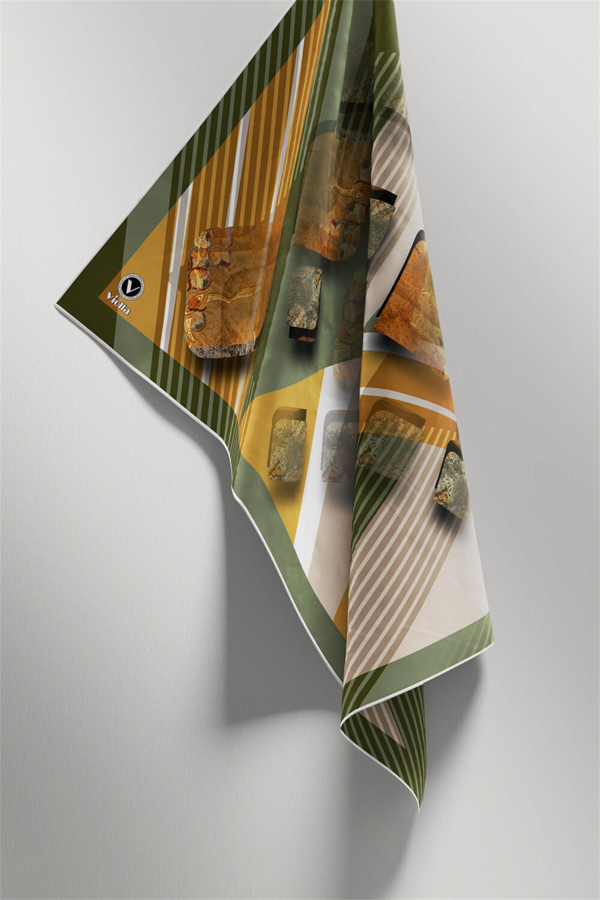 Twill Çizgili ve Geometrik Desenli Haki Renkli 90x90 Eşarp (İpek İçermez) Kenar Dikiş Şekli El Dikişli