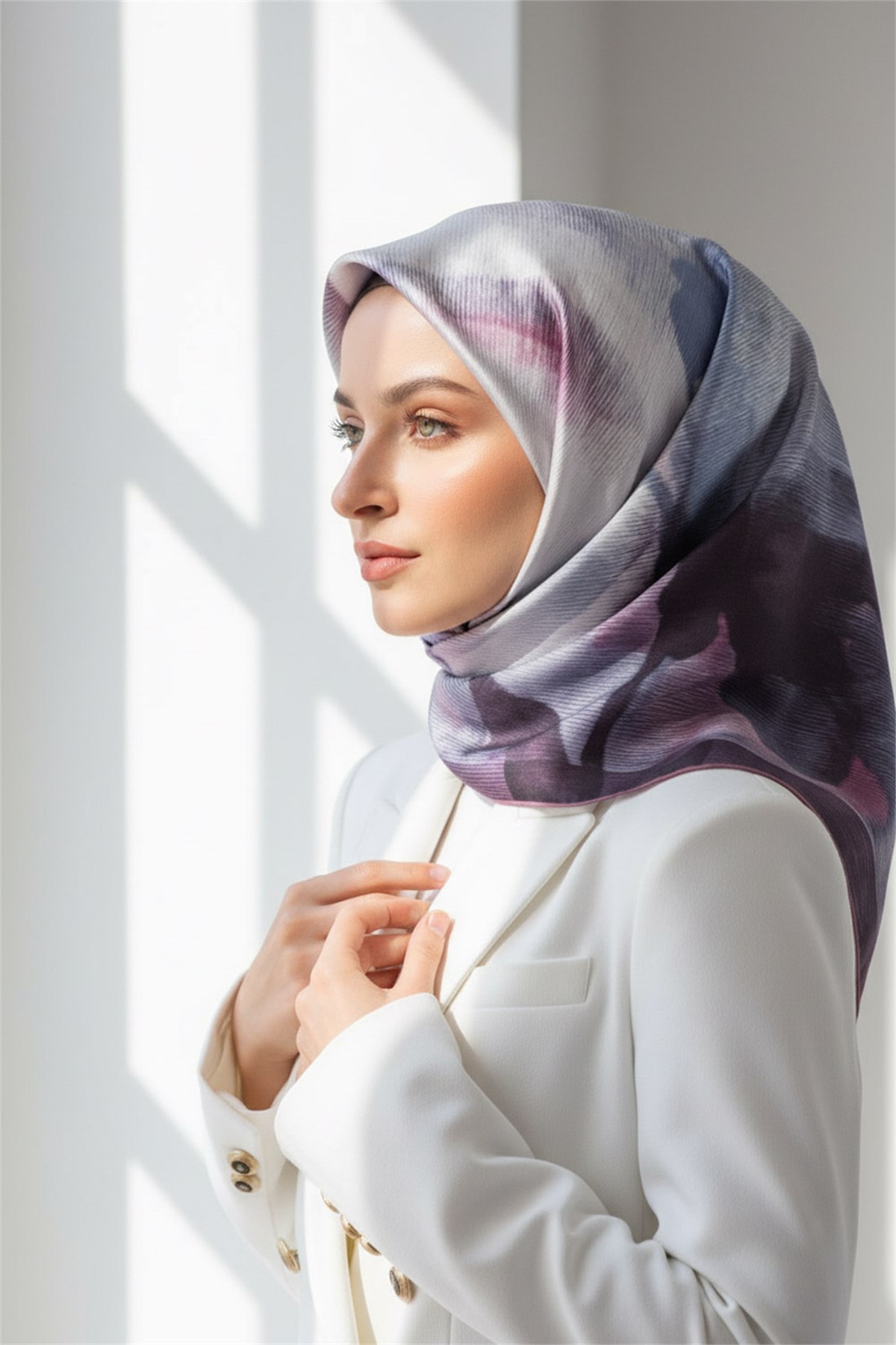 %100 Twill İpek Yaprak Desenli Pudra - Bebe Mavisi Renkli 90x90 Eşarp Dikim Şekli : El Dikişi