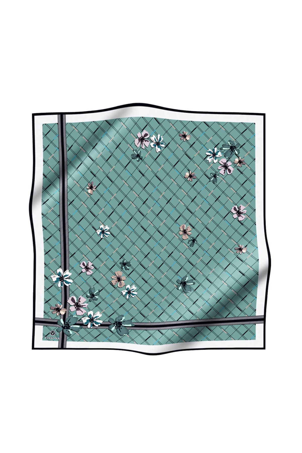%100 Twill İpek Çıtır Çiçek Desenli Su Yeşili - Krem Renkli 90x90 Eşarp Dikim Şekli : El Dikişi