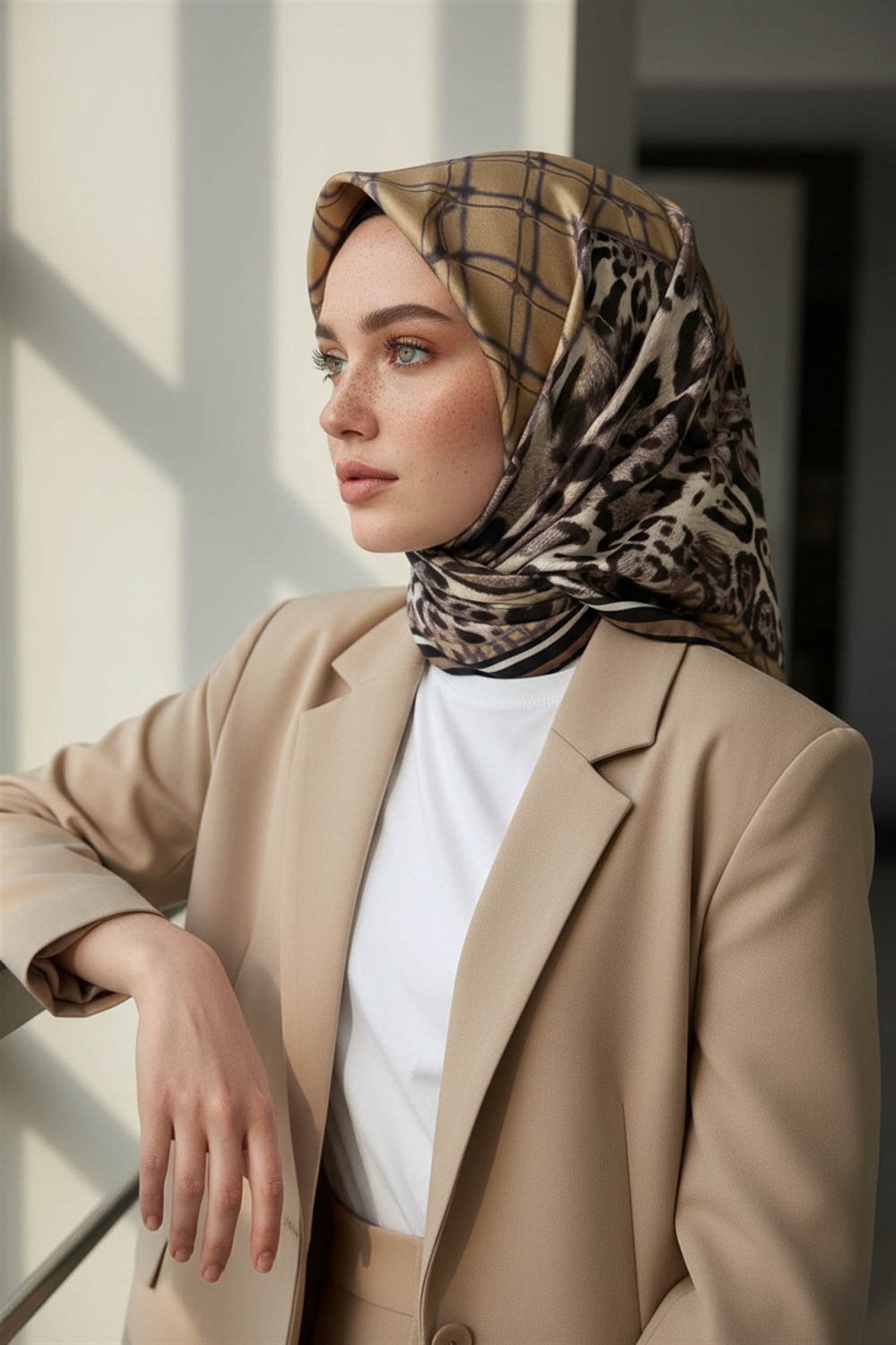 %100 Twill İpek Leopar Desenli Bej Renkli 90x90 Eşarp Dikim Şekli : El Dikişi