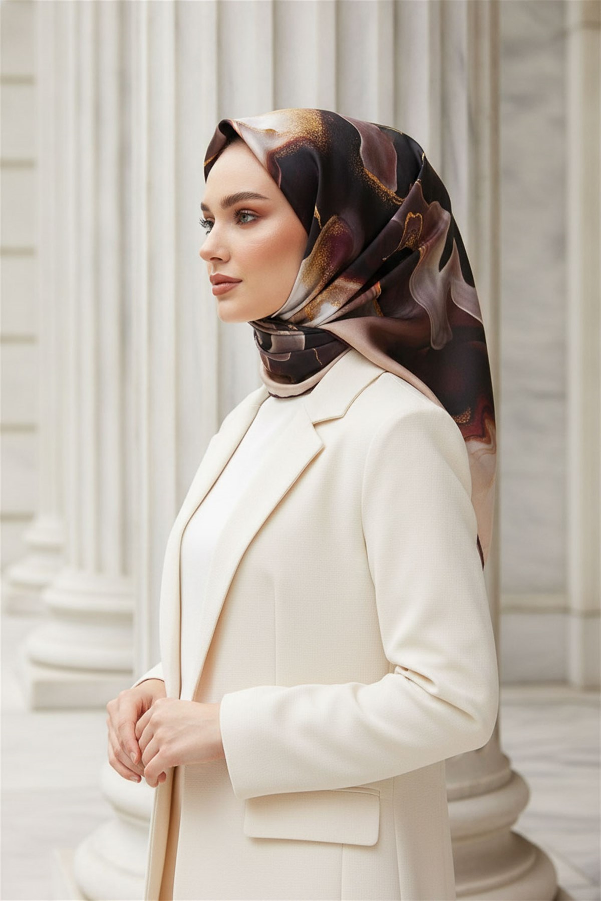 %100 Twill İpek Batik Desenli Mürdüm - Siyah Renkli 90x90 Eşarp Dikim Şekli : El Dikişi