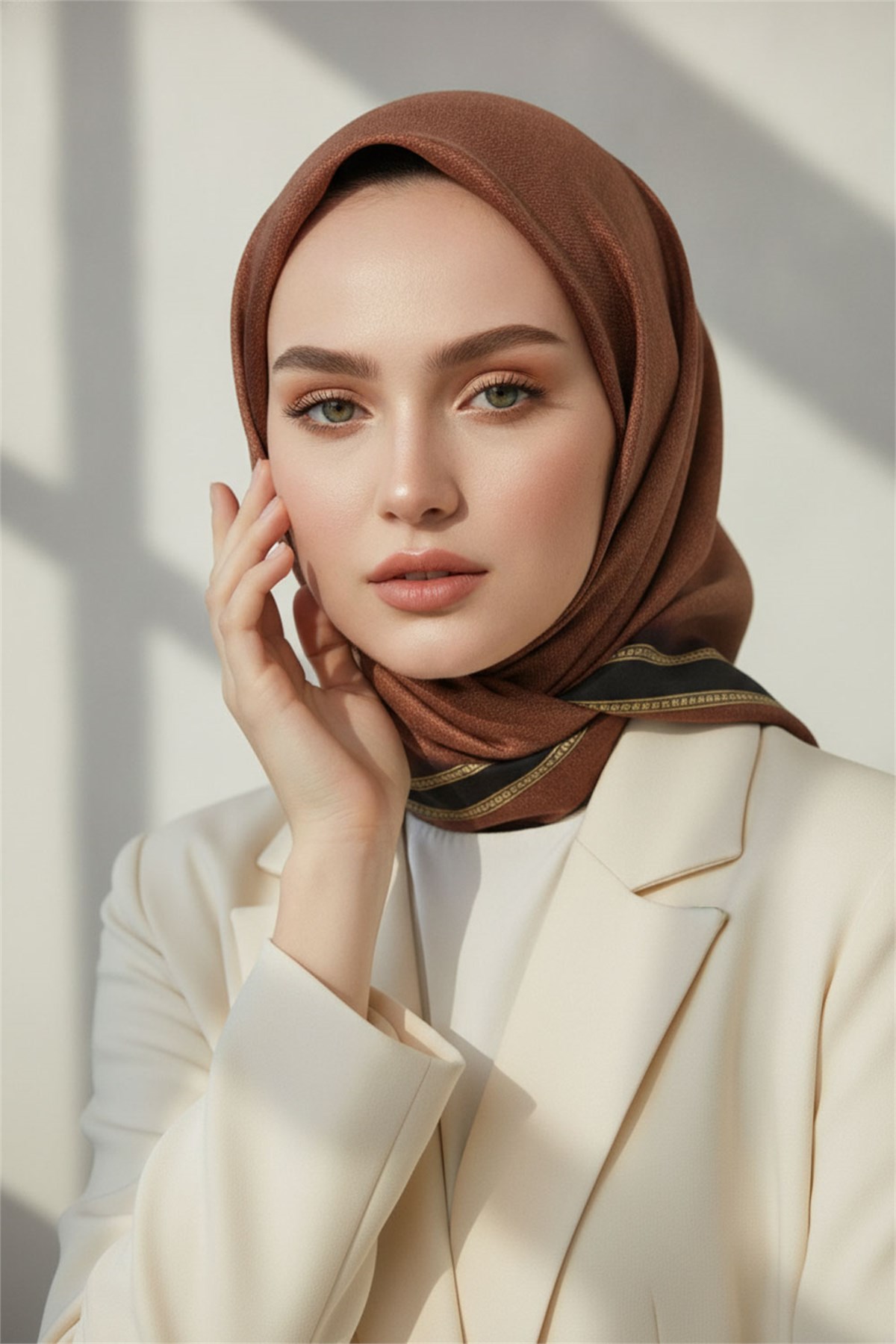 % 57 İPEK % 43 VİSKON Twill İpek Dokulu Şerit Desenli Siyah - Taba Renkli 90x90 Eşarp Dikim Şekli : El Dikişi