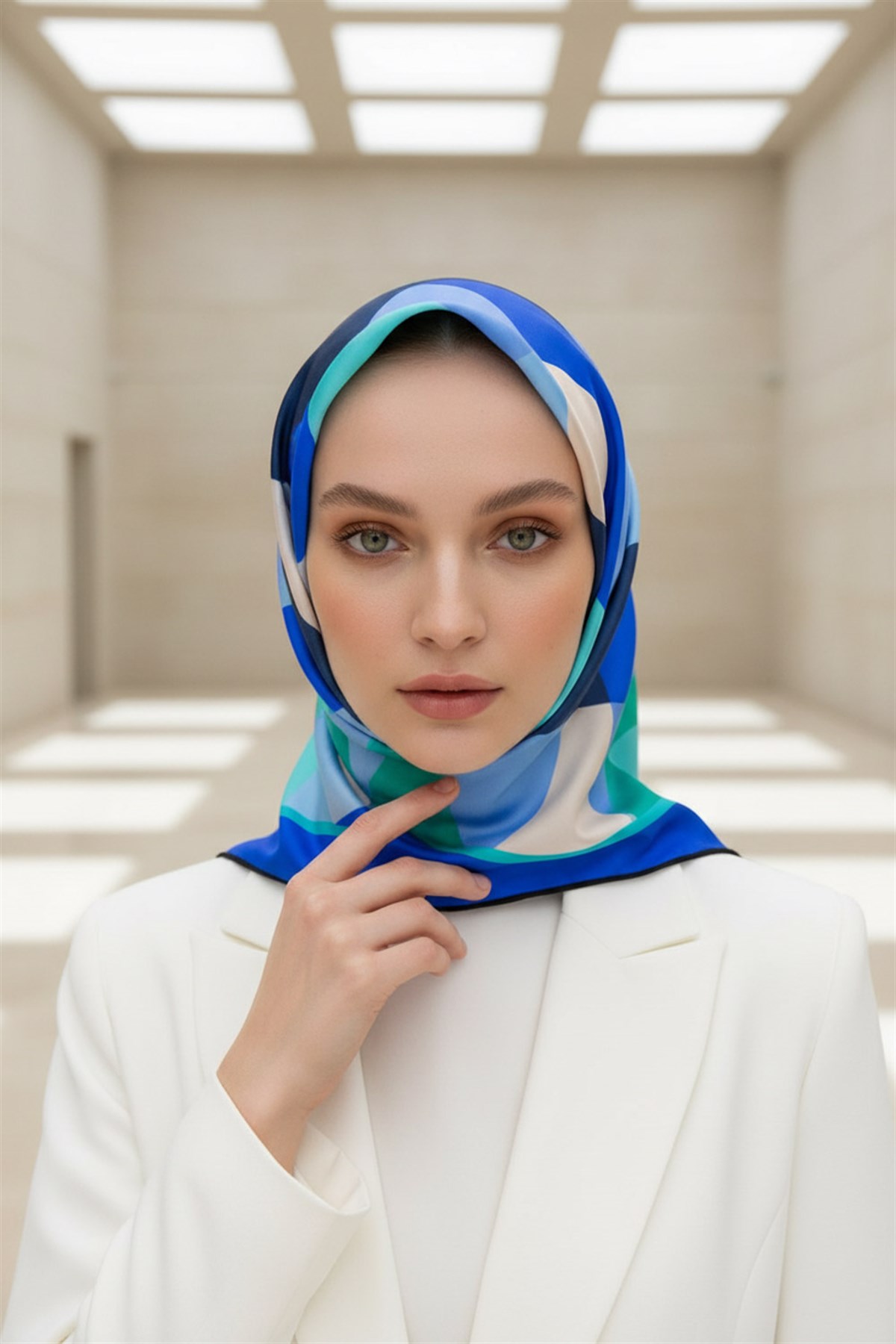 %100 Twill Renk Bloklu Çizgili Desenli Saks - Mint Yeşili Renkli 90x90 Eşarp Dikim Şekli: El Dikişii