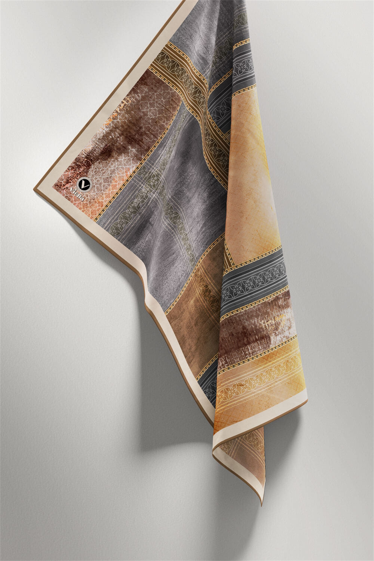 Twill Dokulu Ve Geometrik Desenli Gri Renkli 90x90 Eşarp (İpek İçermez) Dikim Şekli : El Dikişi