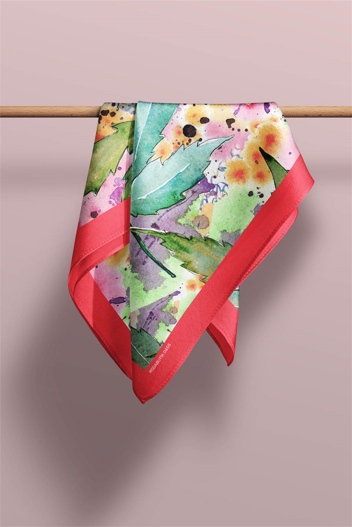 A74 Kadın Yaprak Desenli Bandana 50x50 Yeşil Pembe DG0455-22