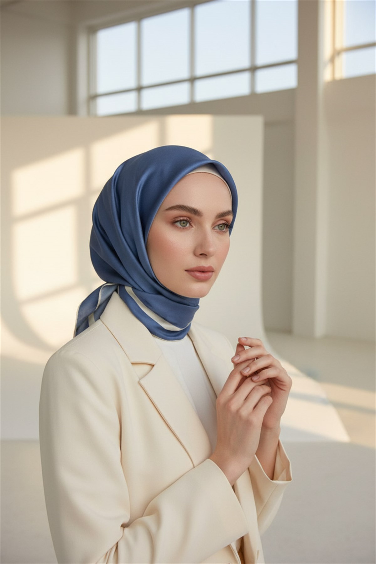 100% Twill İpek Düz Renk Bordür Desenli İndigo - Krem Renkli Daha Tok Exclusive Serisi 90x90 Dikim Şekli : El Dikişi Eşarp