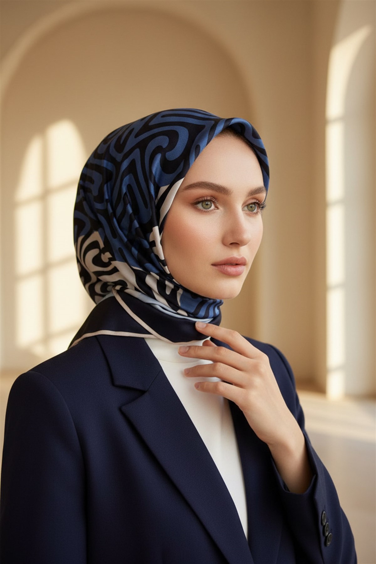 100% Twill İpek Bordürlü Dalga Desenli İndigo - Lacivert Renkli 90x90 Dikim Şekli : El Dikişi Eşarp