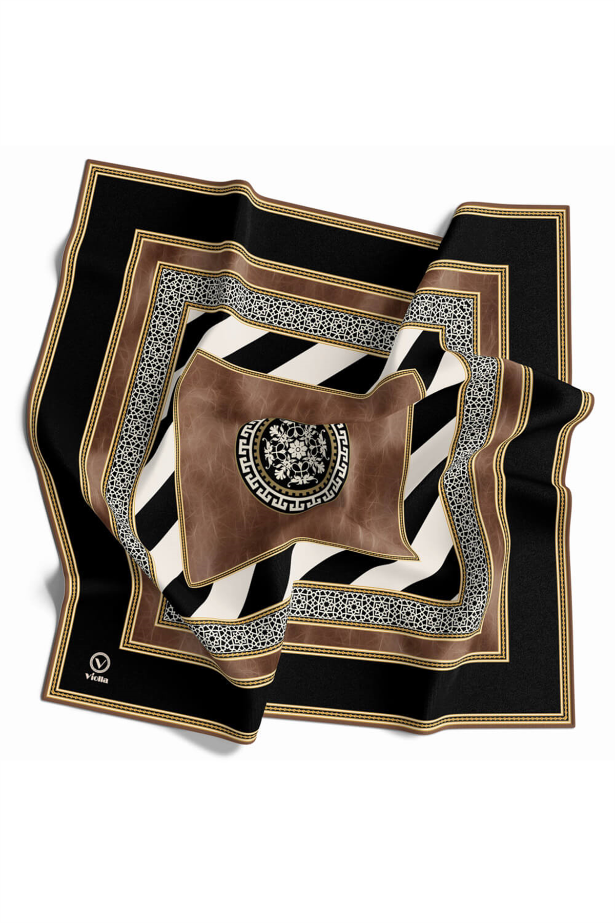 Twill Geometrik Desenli Bakır Renkli 90x90 Eşarp (İpek İçermez) Kenar Dikiş Şekli El Dikişli