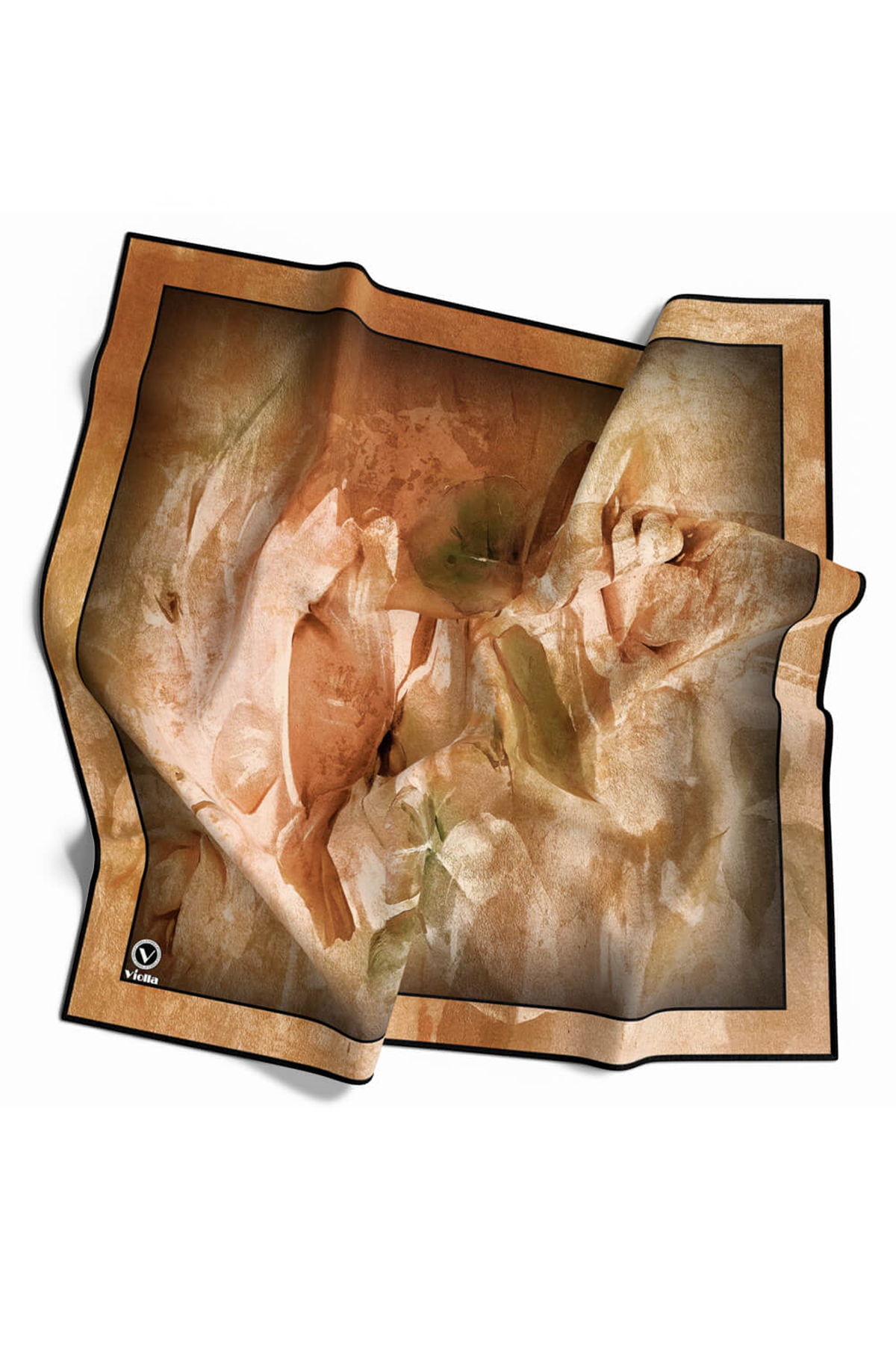 Twill Sulu Boyalı Çiçek Desenli Taba Renkli 90x90 Eşarp (İpek İçermez) Kenar Dikiş Şekli El Dikişli