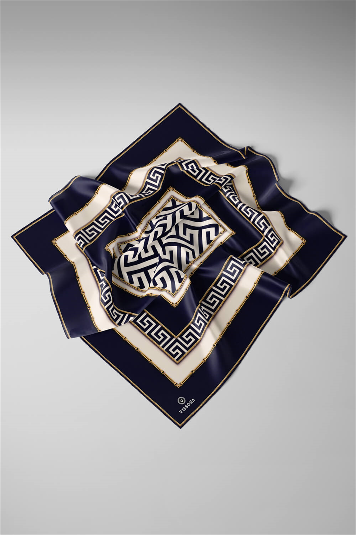 %100 Twill İpek Labirent Ve Geometrik Desenli Lacivert - Krem Renkli 90x90 Eşarp Dikim Şekli : El Dikişi