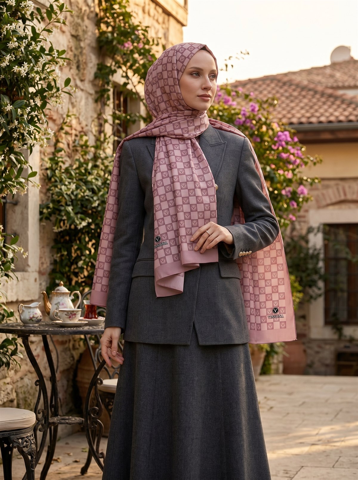 KREP MONOGRAM DESENLİ PUDRA RENKLİ 75X195 KIRIŞMAZ ŞAL