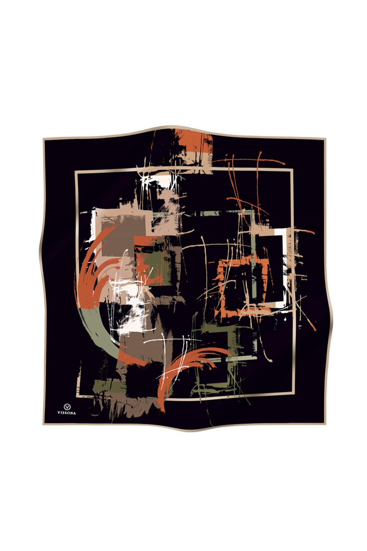 %100 Twill İpek Geometrik Desenli Taba - Haki Renkli 90x90 Eşarp Dikim Şekli : El Dikişi