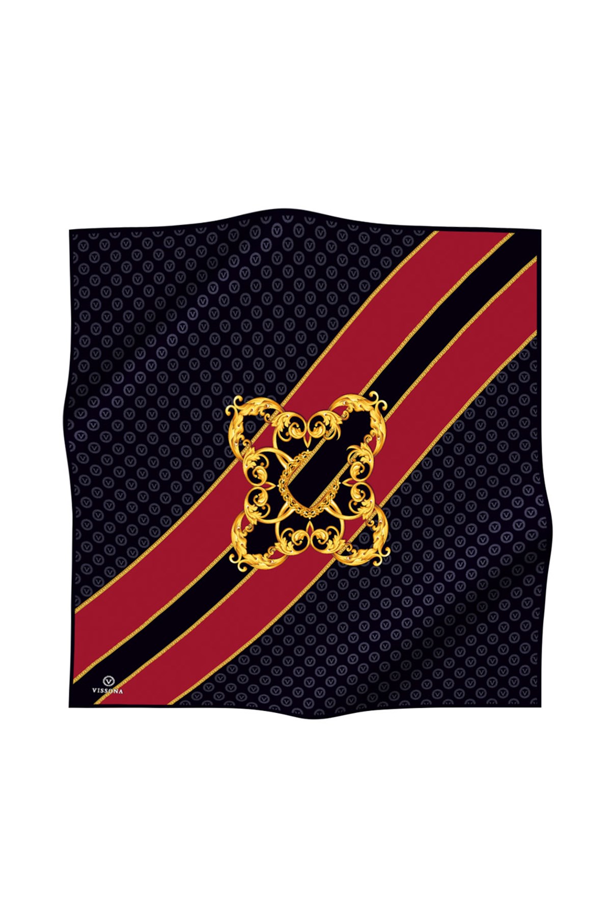 %100 Twill İpek Eşarp 90x90 Siyah Bordo Monogram Barok Desenli El Dikişli Kadın Eşarp