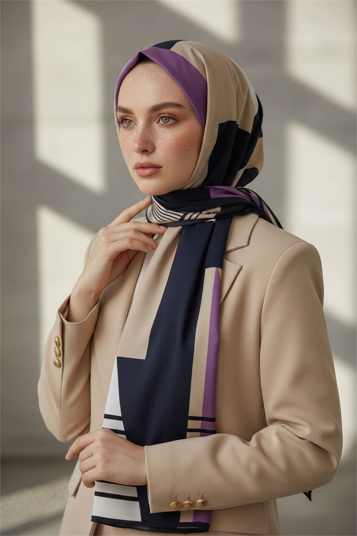 KREP GEOMETRİK DESENLİ LİLA RENKLİ 75X195 KIRIŞMAZ ŞAL