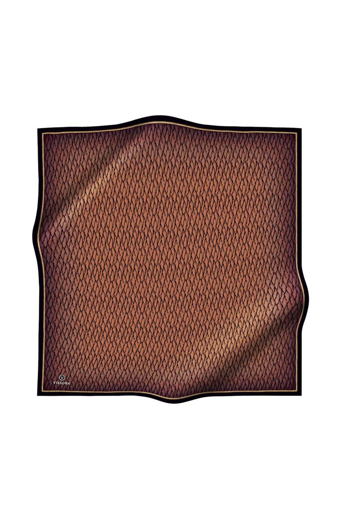 %100 Twill İpek File Desenli Bakır - Siyah Renkli 90x90 Eşarp Dikim Şekli : El Dikişi