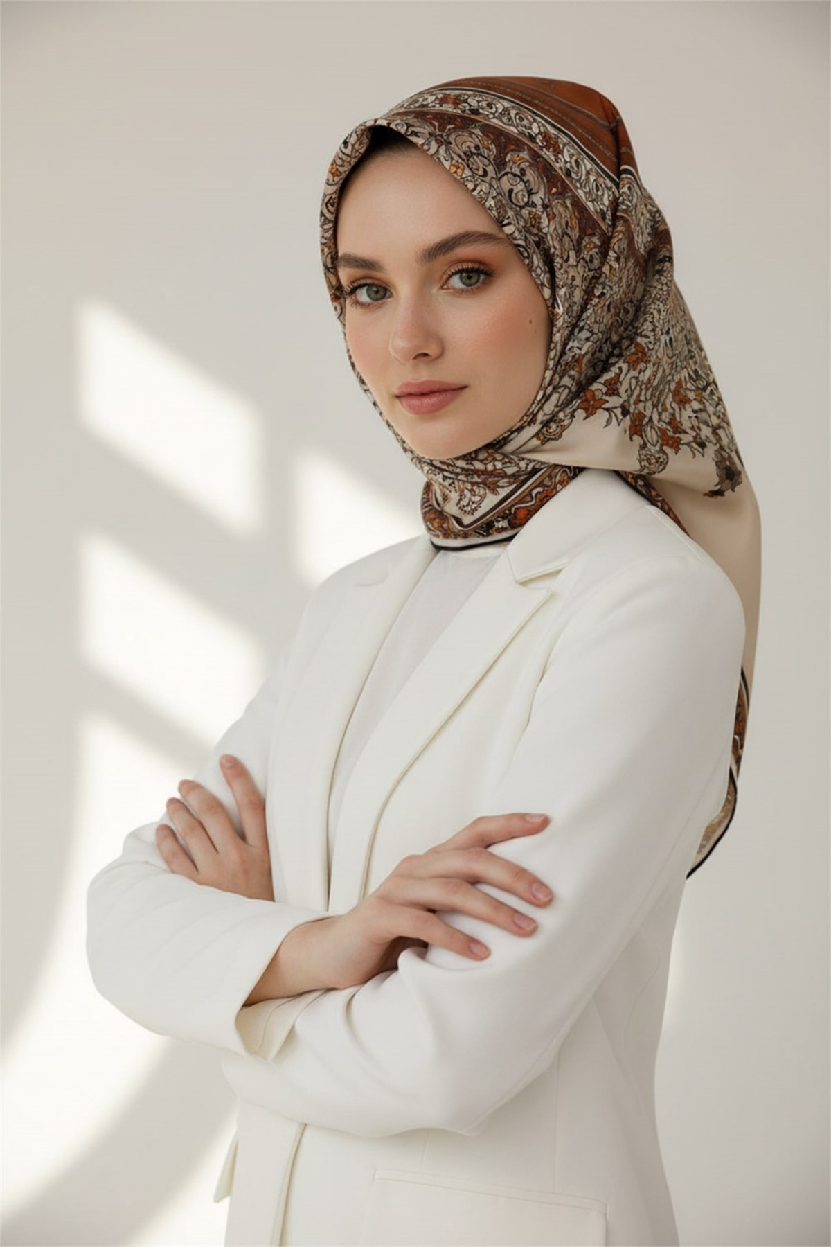 %100 Twill İpek Şal Desenli Taba Renkli 90x90 Eşarp Dikim Şekli : El Dikişi