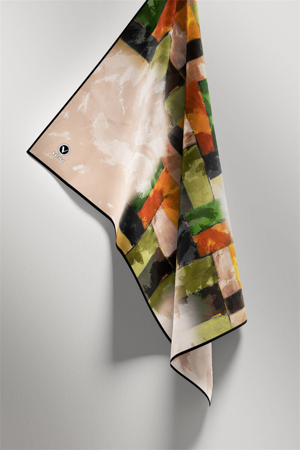 Twill Yağlı Boya Desenli Haki Renkli 90x90 Eşarp (İpek İçermez) Kenar Dikiş Şekli El Dikişli