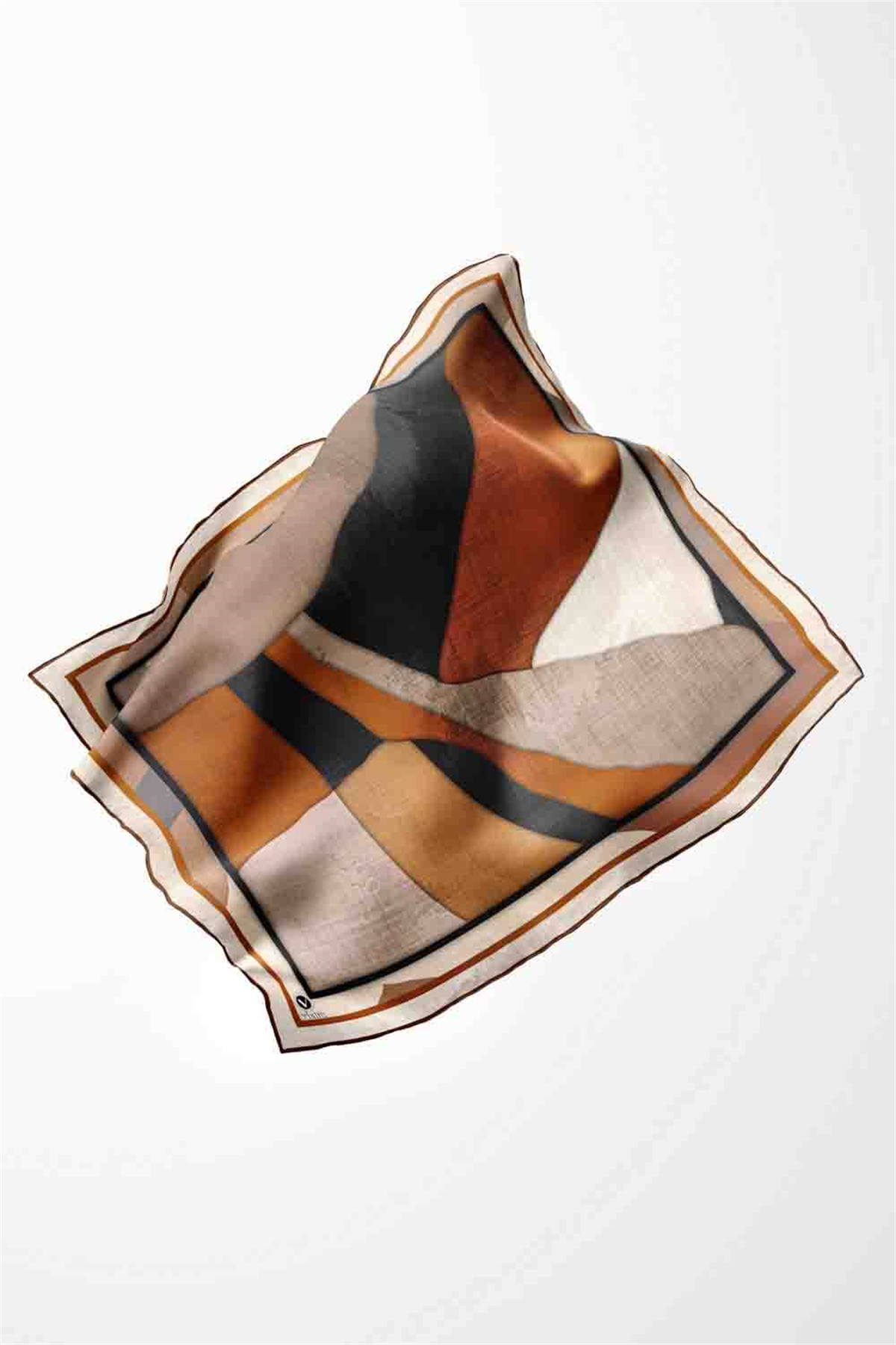 Twill Geometrik Desenli Taba Renkli 90x90 Eşarp (İpek İçermez) Kenar Dikiş Şekli El Dikişli