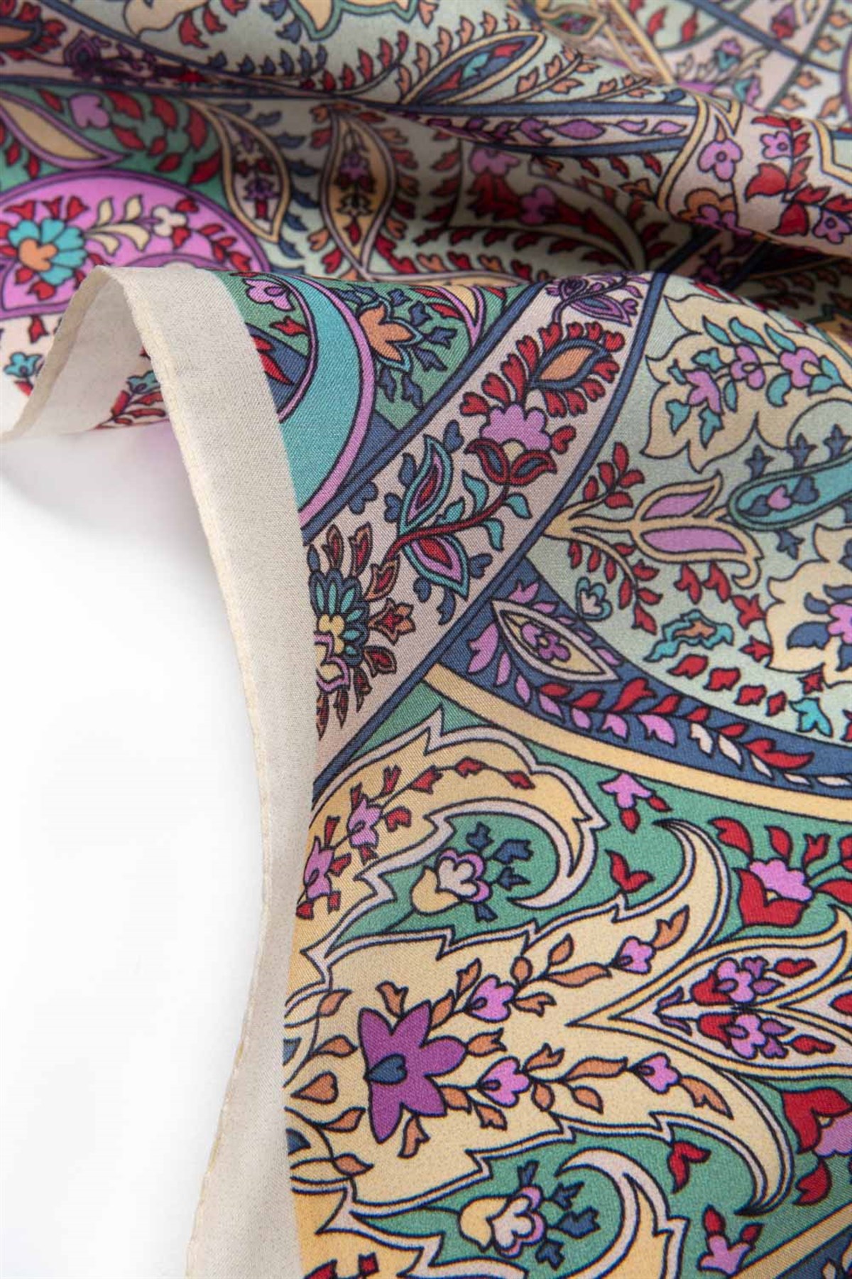 %100 İpek Etnik Desenli Krem - Haki Renkli 92x210 Şal