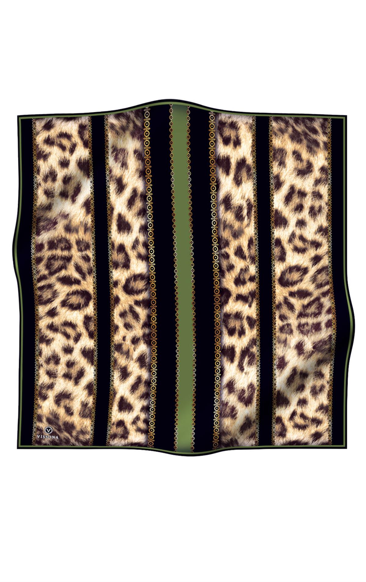 %100 Twill İpek Leopar Desenli Haki - Siyah Renkli 90x90 Eşarp Dikim Şekli : El Dikişi