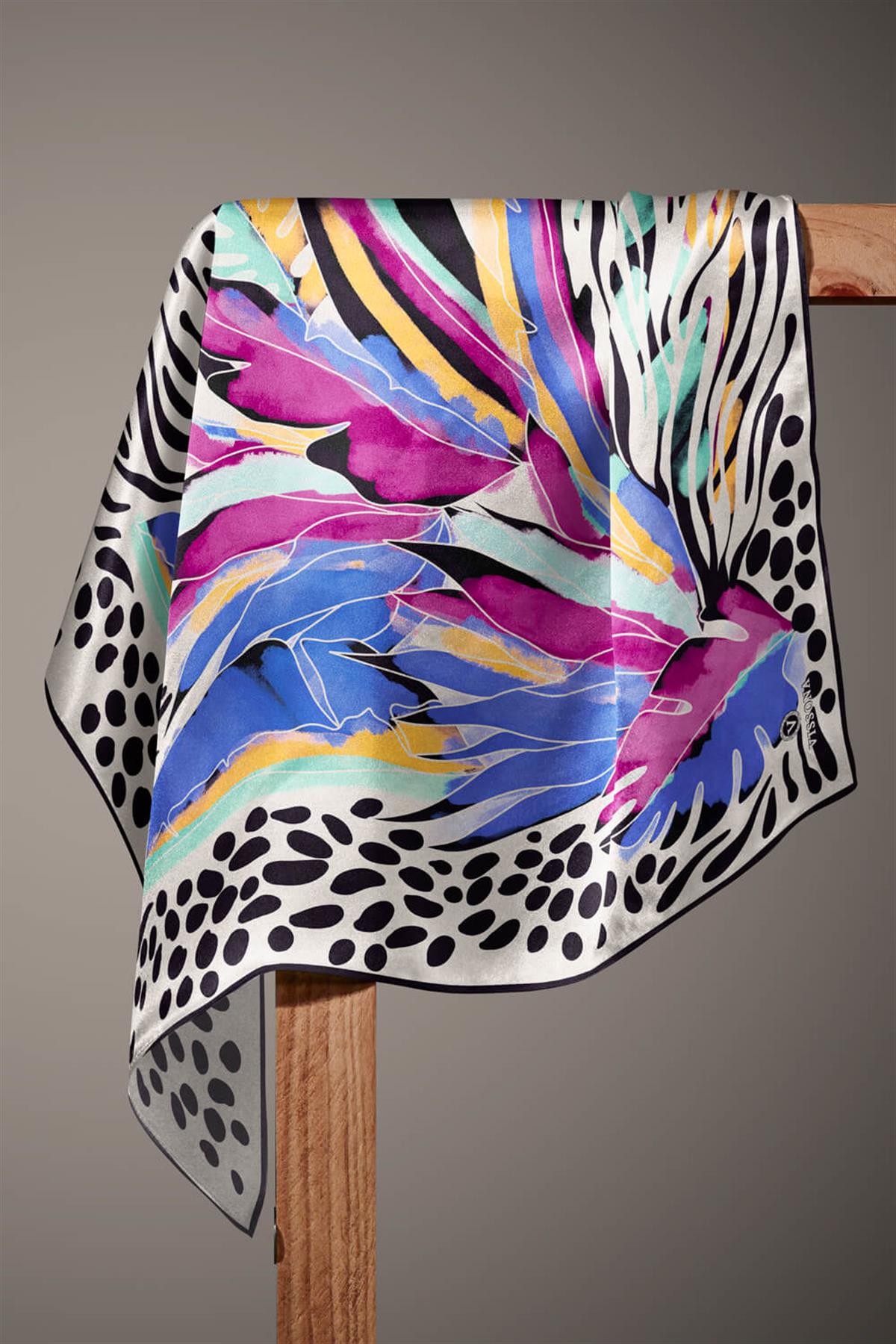 %100 Twill İpek Amazon Desenli Saks - Fuşya Renkli 90x90 Eşarp Kenar Dikiş Şekli El Dikişli