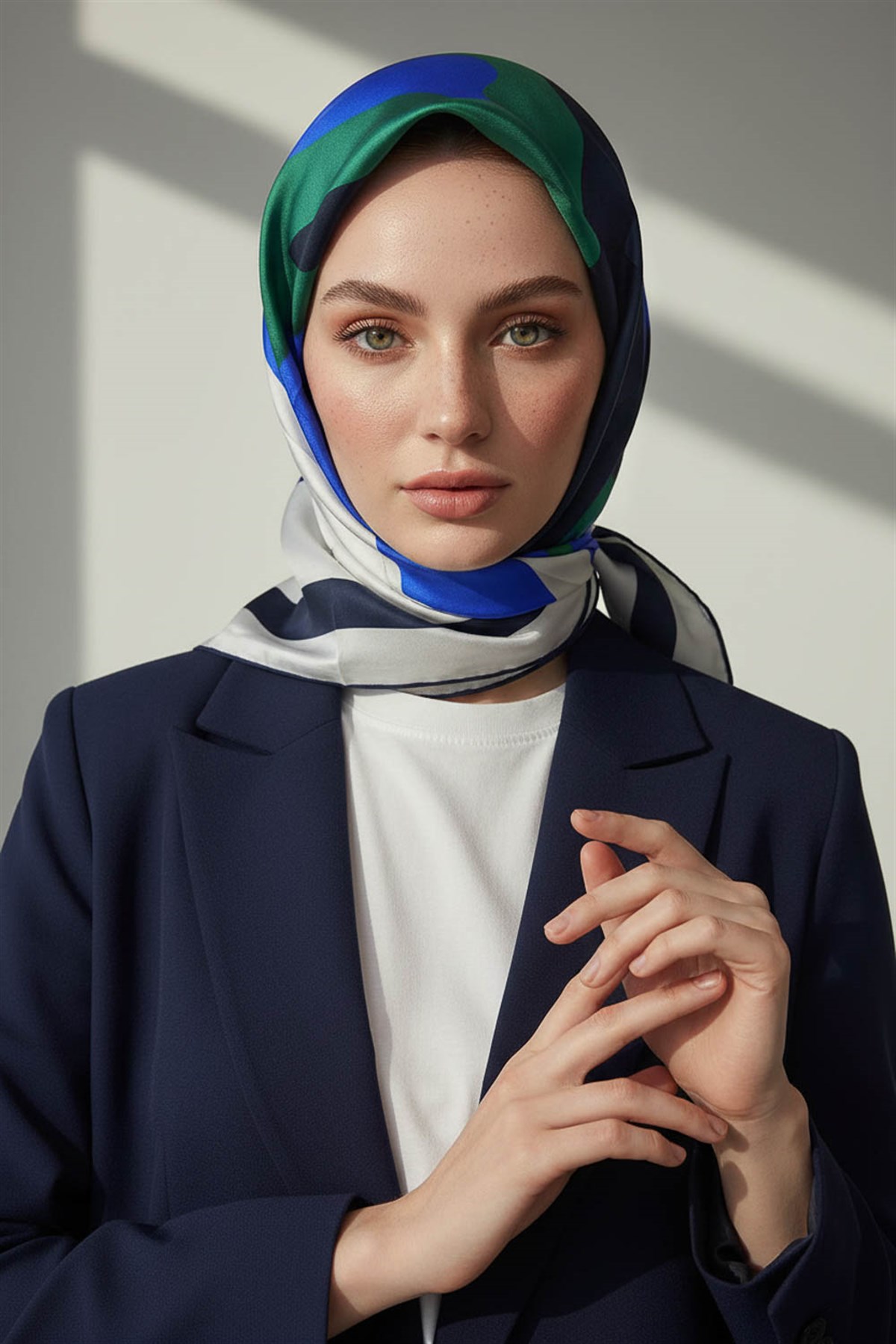 %100 Twill İpek Geometrik Desenli Lacivert - Çam Yeşili Renkli 90x90 Eşarp Dikim Şekli : El Dikişi