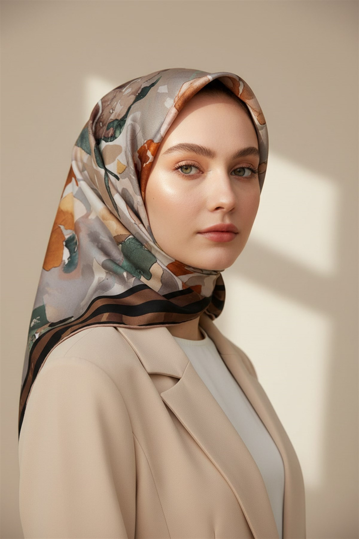 % 57 İPEK % 43 VİSKON Twill İpek Sulu Boyalı Çiçek Desenli Vizon - Turuncu Renkli 90x90 Eşarp Dikim Şekli : El Dikişi