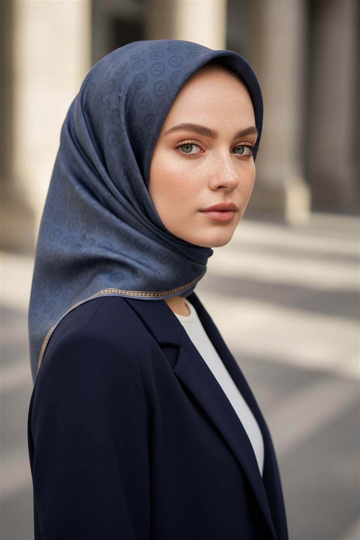 %100 Twill İpek Monogram Desenli İndigo Renkli 90x90 Eşarp Dikim Şekli : El Dikişi