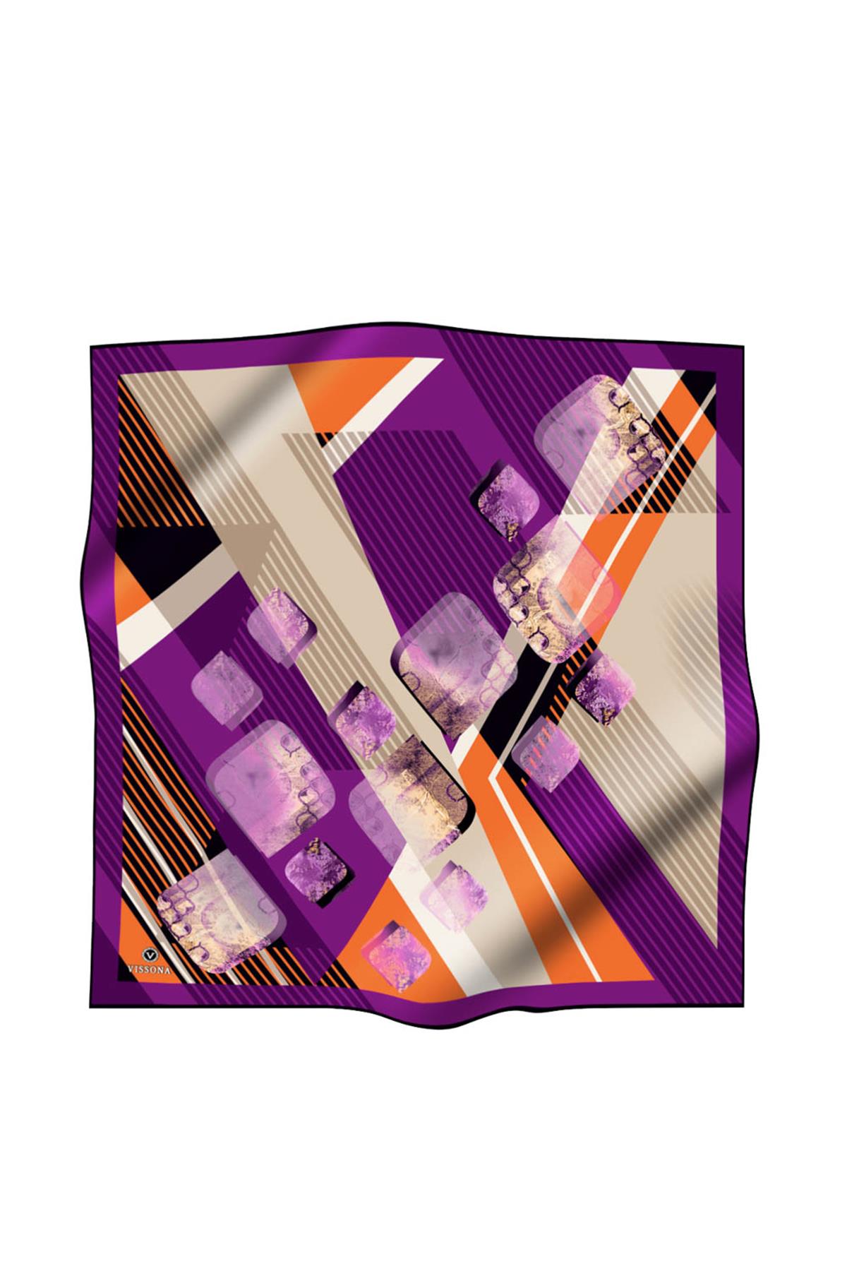 %100 Twill İpek Geometrik Desenli Mürdüm - Turuncu Renkli 90x90 Eşarp Dikim Şekli : El Dikişi