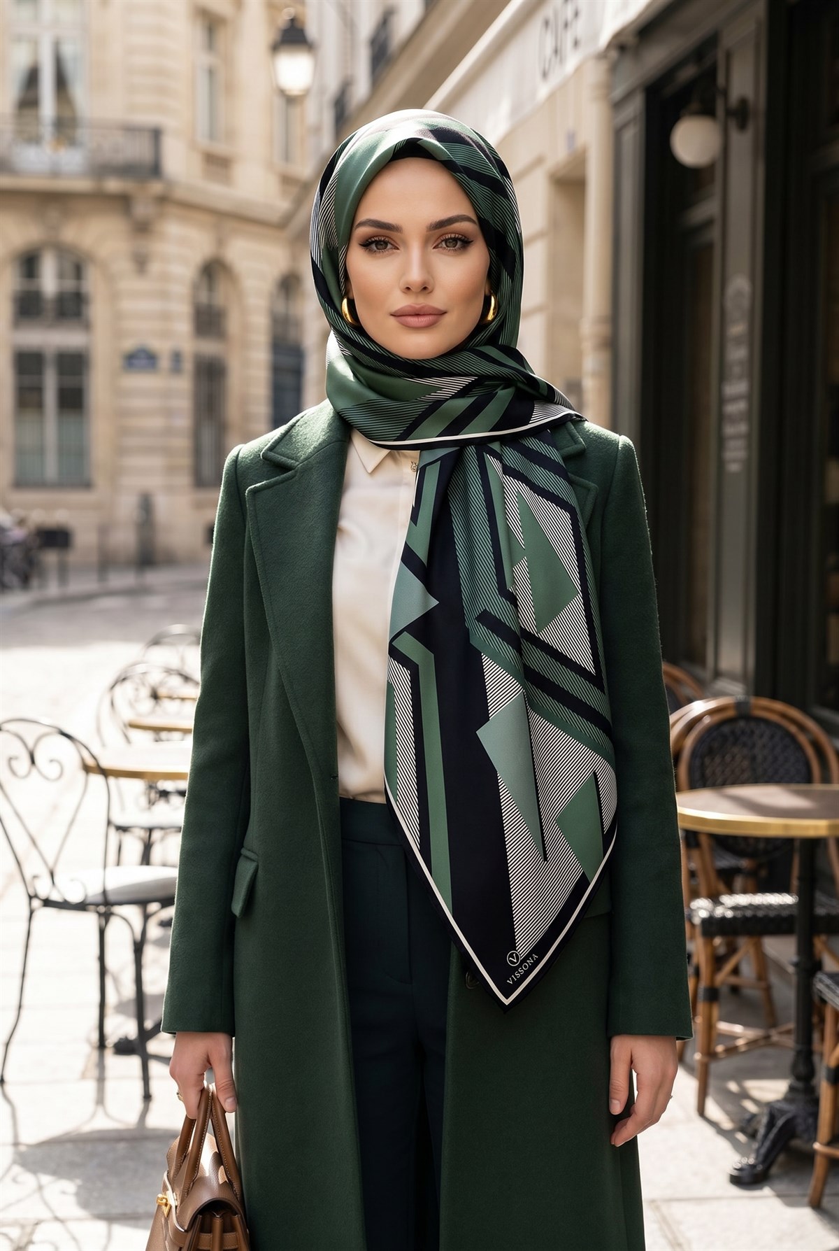 %100 Twill İpek Geometrik Desenli Zümrüt Yeşili - Siyah Renkli 90x90 Eşarp Dikim Şekli : El Dikişi