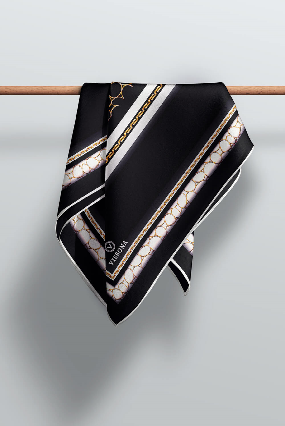 % 57 İPEK %43 VİSKON  Twill İpek Gold Halka Desenli Siyah - Krem Renkli 90x90 Eşarp Dikim Şekli : El Dikişi