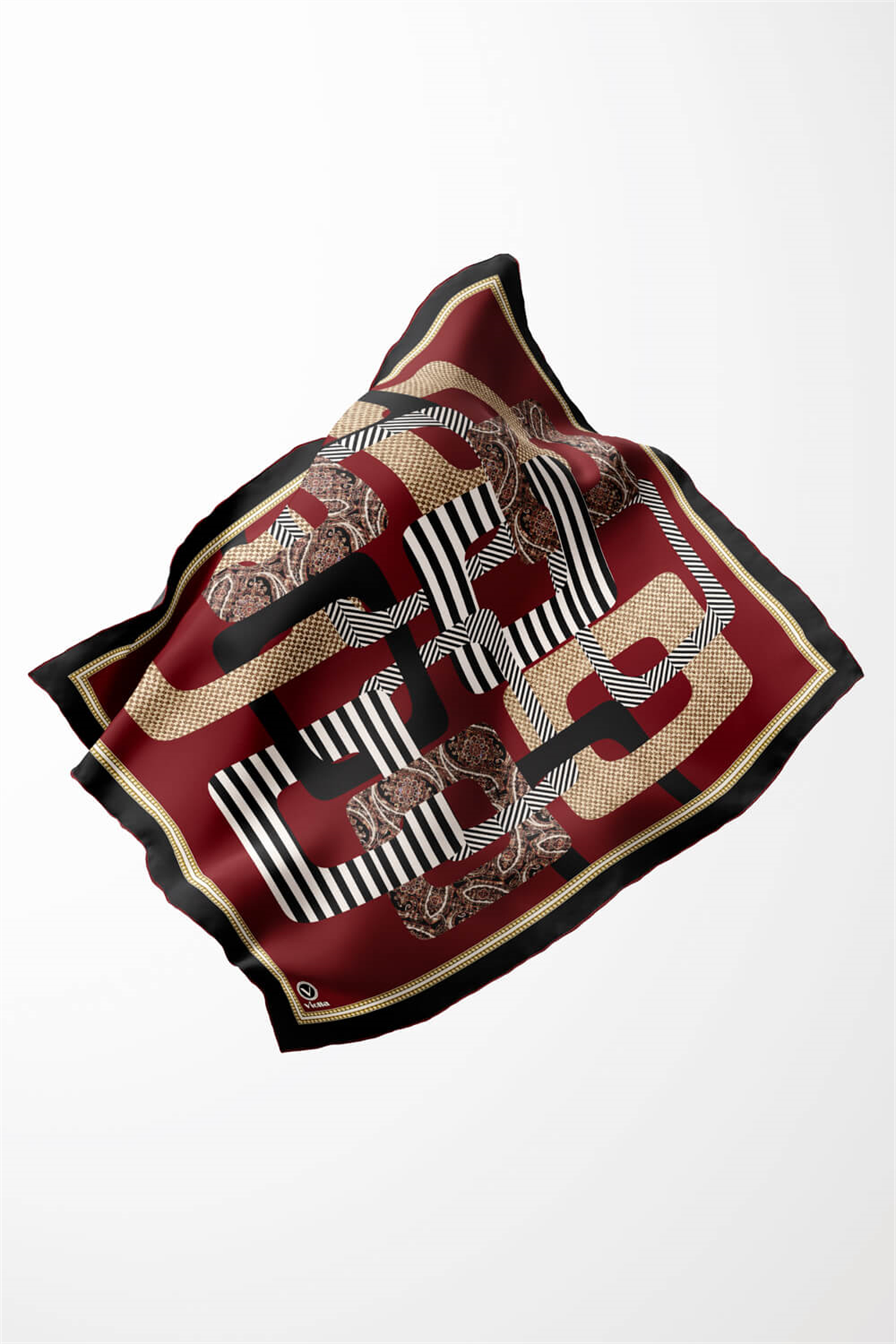 Twill Geometrik Desenli Bordo Renkli 90x90 Eşarp (İpek İçermez) Kenar Dikiş Şekli El Dikişli