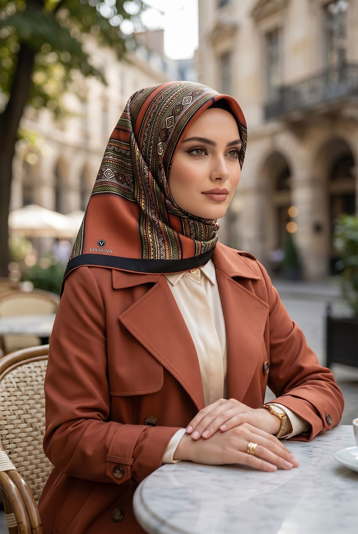 %100 Twill İpek Etnik Desenli Taba - Haki Renkli 90x90 Eşarp Dikim Şekli : El Dikişi