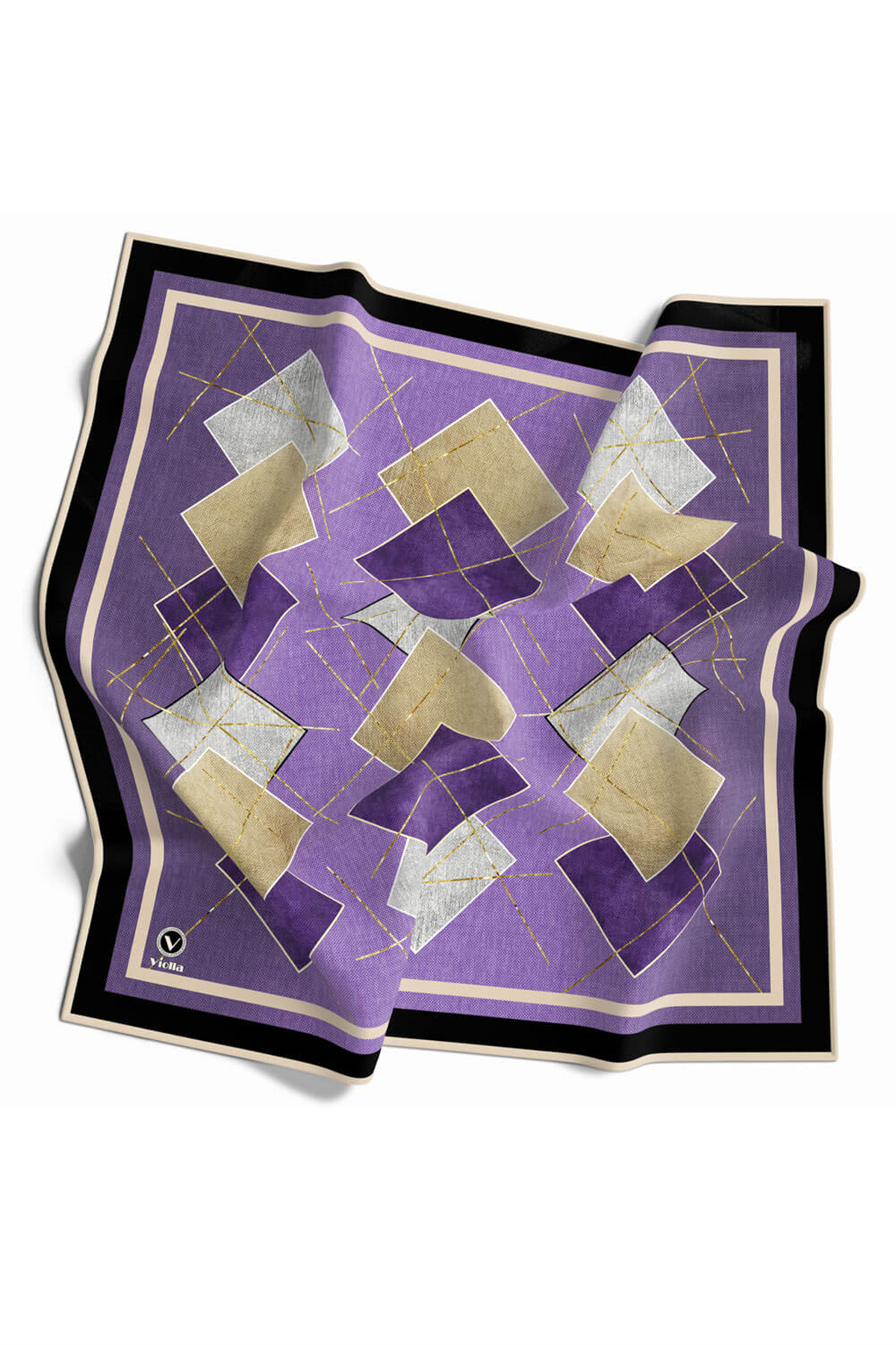 Twill Geometrik Desenli Lila Renkli 90x90 Eşarp (İpek İçermez) Kenar Dikiş Şekli El Dikişli