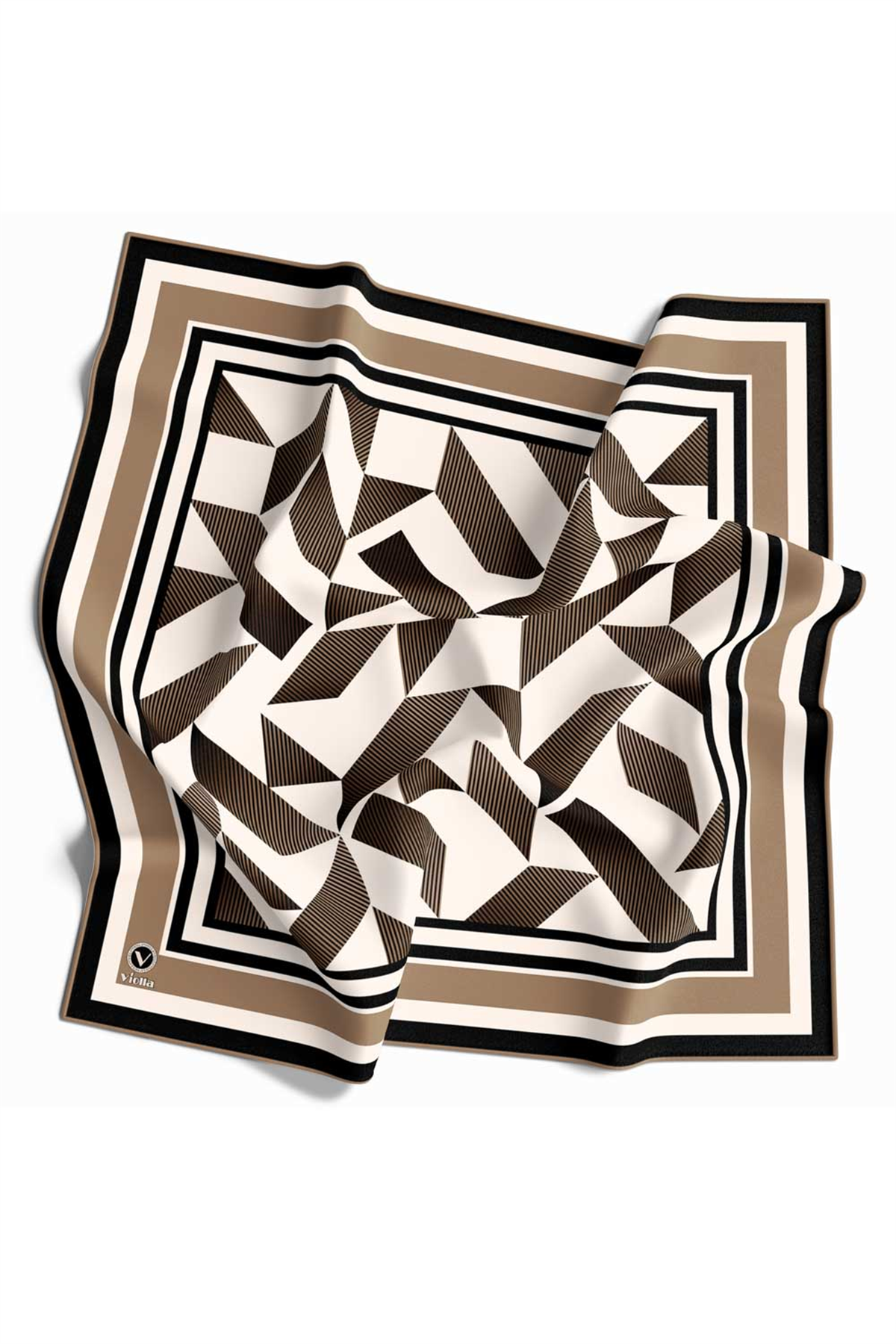 Twill Geometrik Desenli Bej Renkli 90x90 Eşarp (İpek İçermez) Kenar Dikiş Şekli El Dikişli