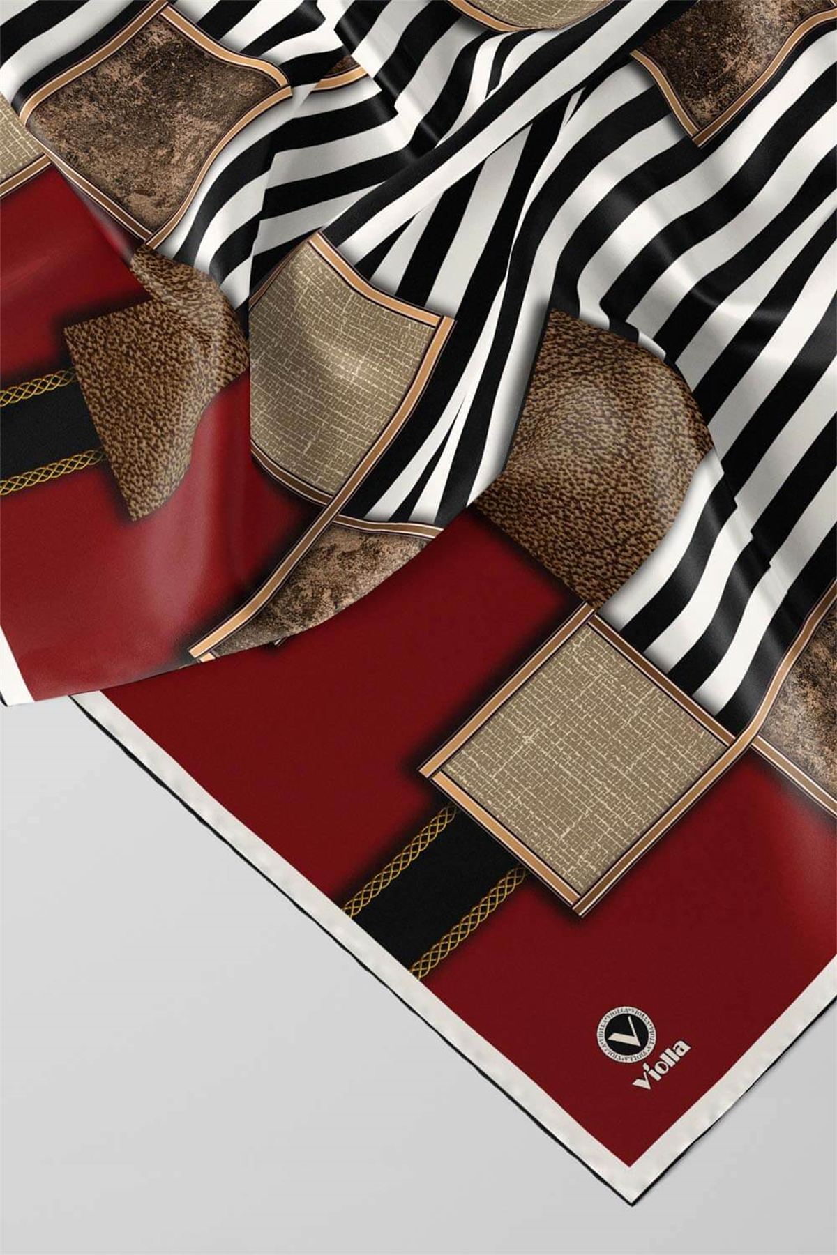 Twill Geometrik Ve Çizgili Desenli Bordo Renkli 90x90 Eşarp (İpek İçermez) Dikim Şekli : El Dikişi