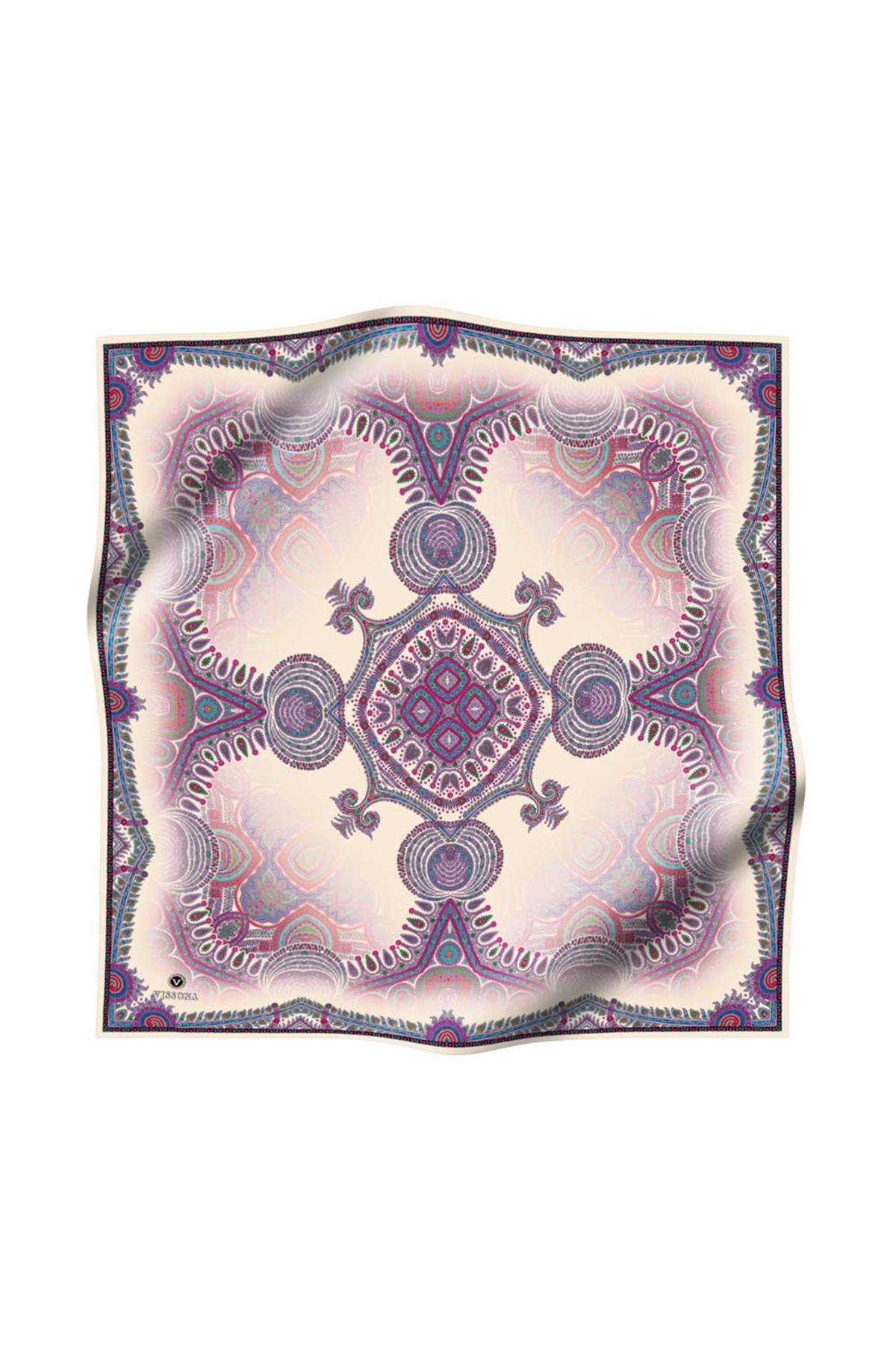 %100 Twill İpek Şal Desenli Krem Renkli 90x90 Eşarp Dikim Şekli : El Dikişi