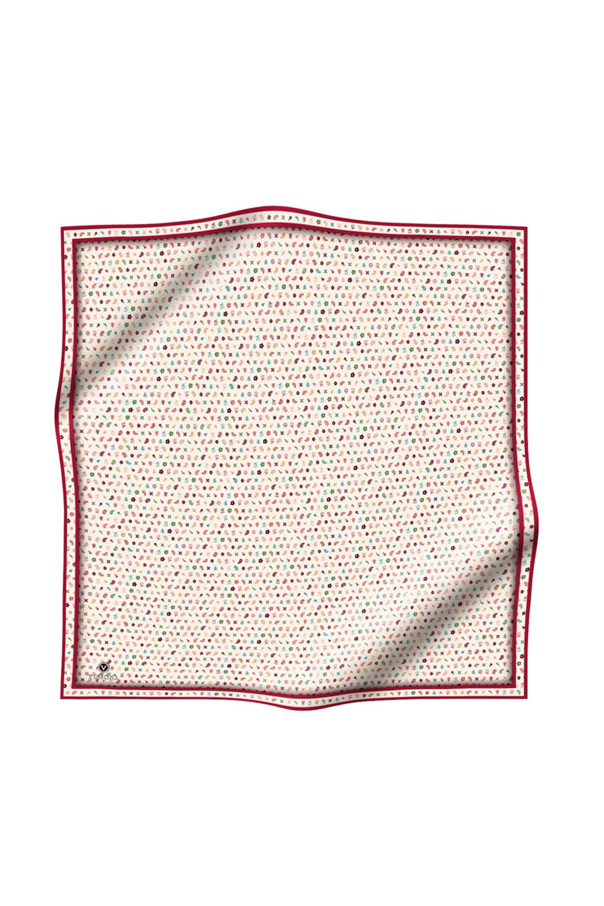 %100 Twill İpek Çıtır Desenli Krem - Bordo Renkli 90x90 Eşarp Dikim Şekli : El Dikişi