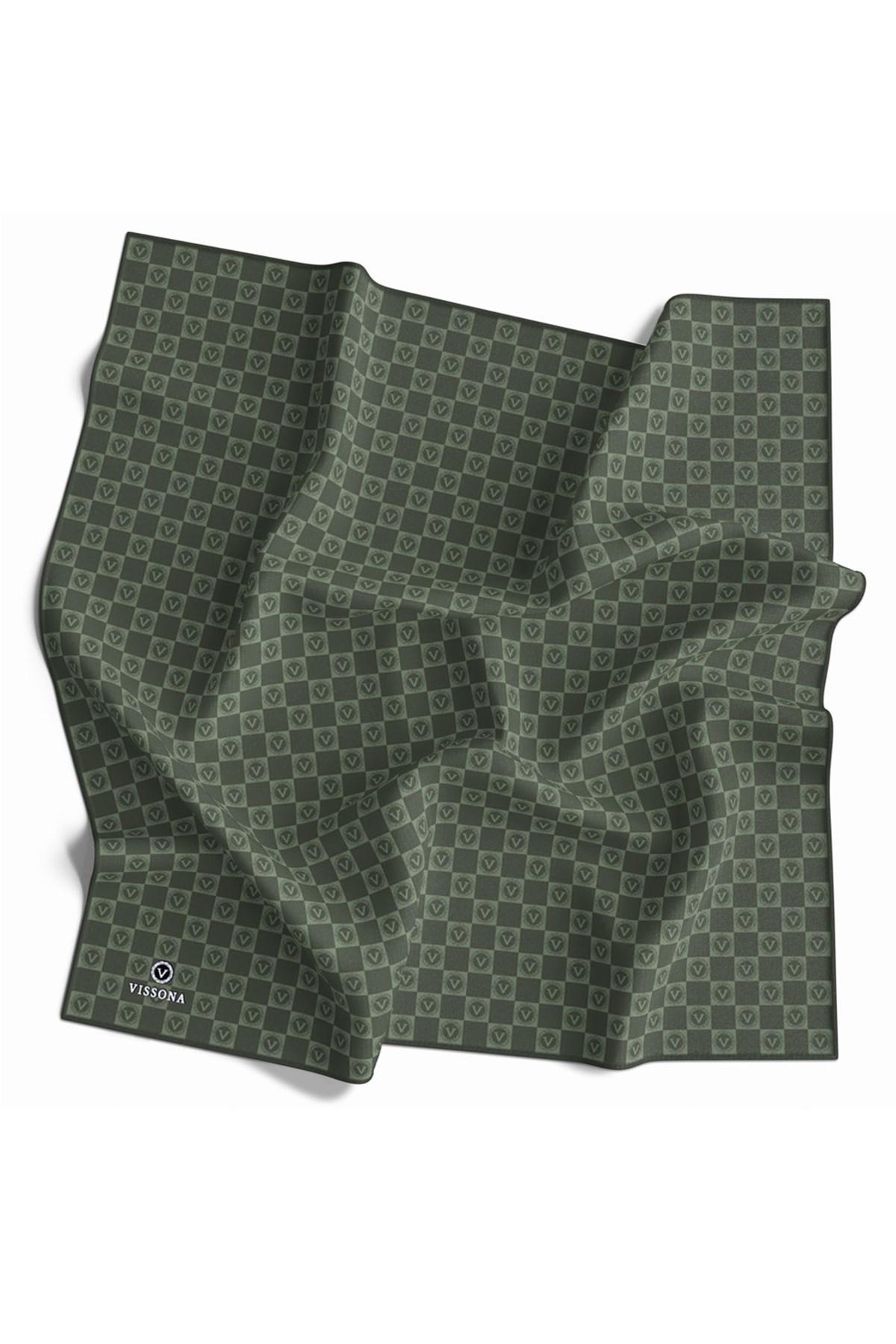 %100 Twill İpek Monogram Desenli Haki Renkli 90x90 Eşarp Dikim Şekli : El Dikişi