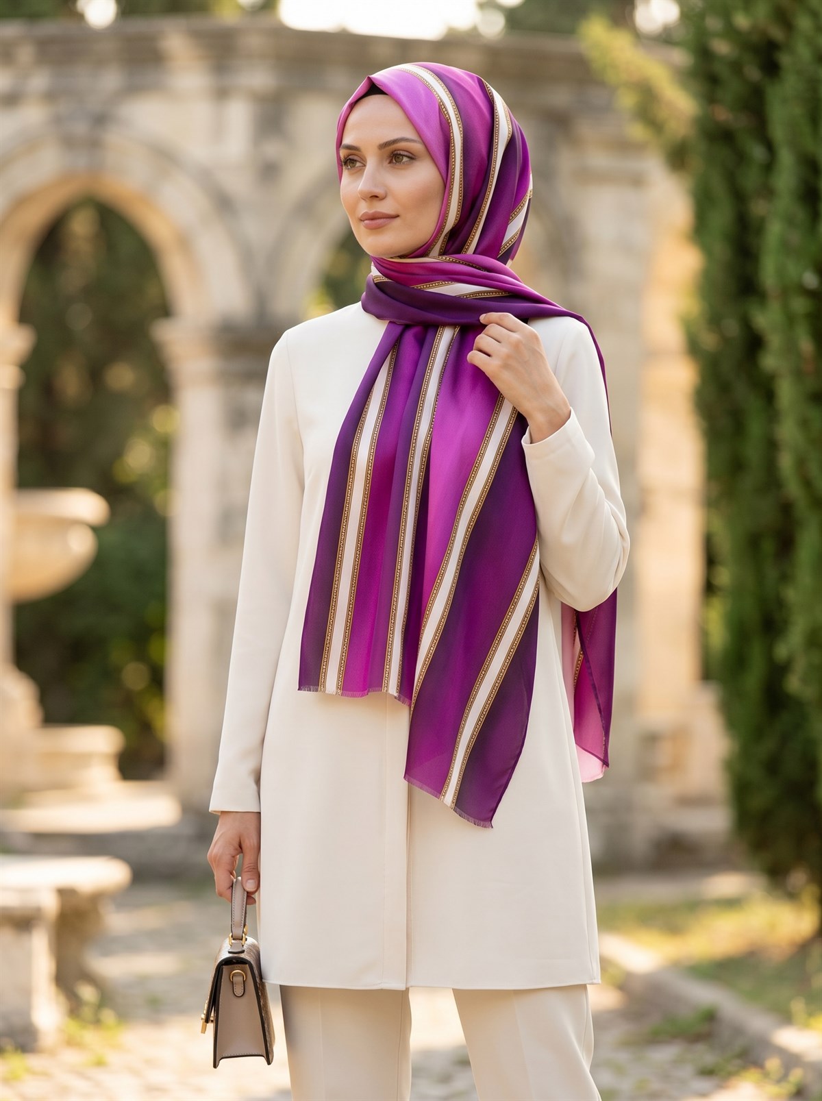 %100 Saf İpek Şal İnce Saten Vual Dokuma Şerit Desenli Mürdüm - Krem Renkli 90x210 Şal