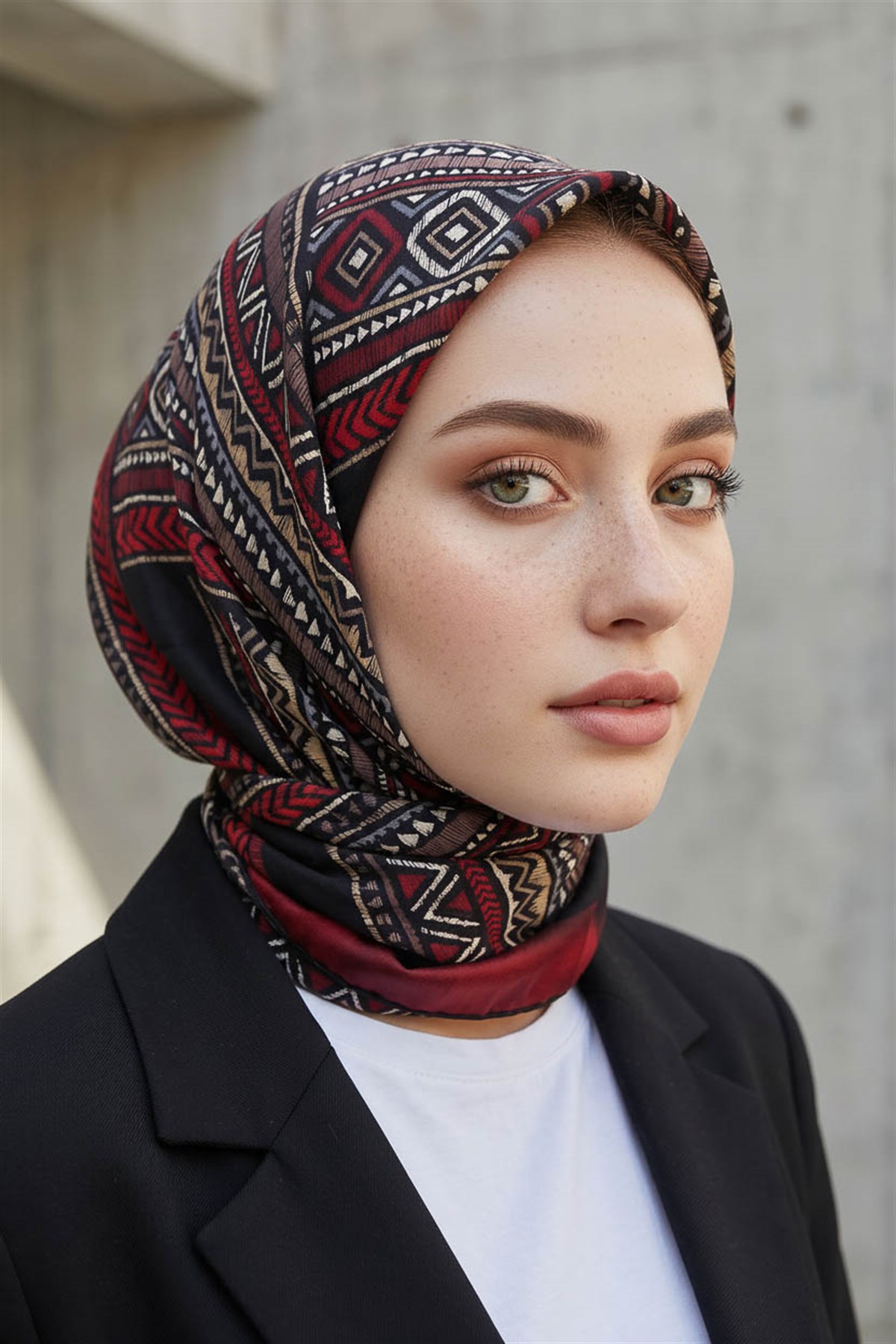%100 Twill İpek Etnik Desenli Siyah - Bordo Renkli 90x90 Eşarp Dikim Şekli : El Dikişi