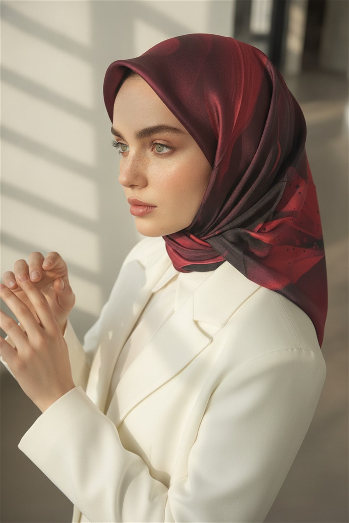 %100 Twill İpek Çiçek Desenli Bordo Renkli 90x90 Eşarp Dikim Şekli : El Dikişi