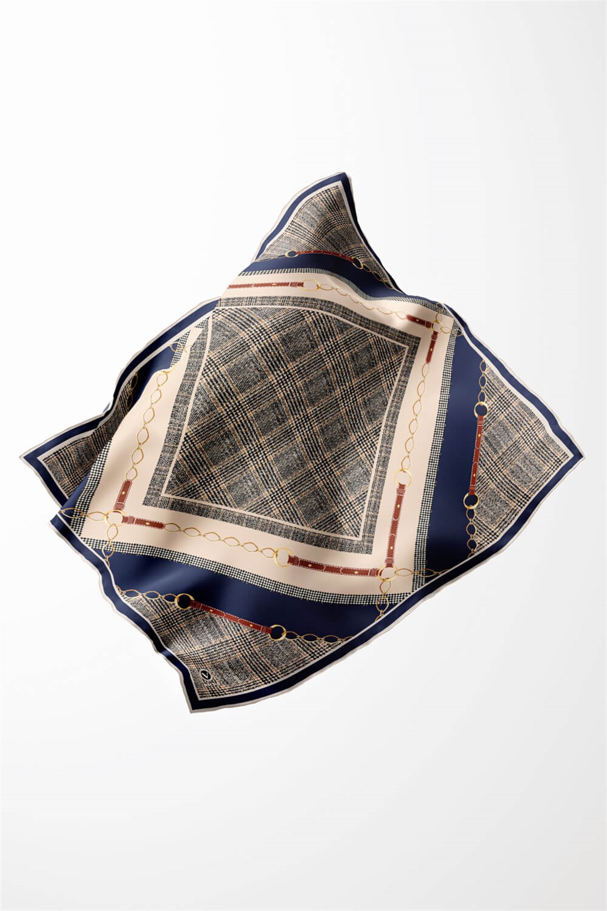 Twill Kemer ve Zincir Detaylı Ekose Desenli Lacivert Renkli 90x90 Eşarp (İpek İçermez) Kenar Dikiş Şekli El Dikişli