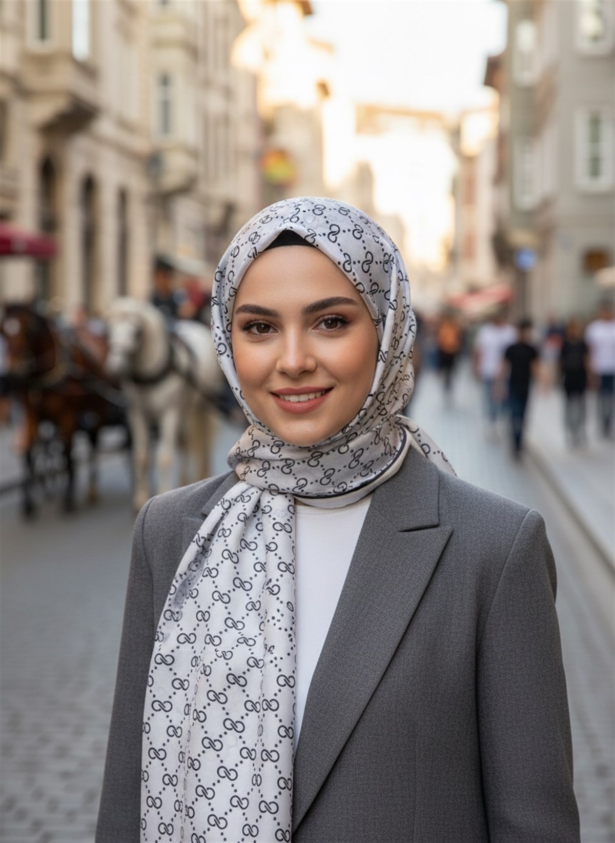 %100 İpek Minik Motif Desenli Gri Renkli 92x210 Şal