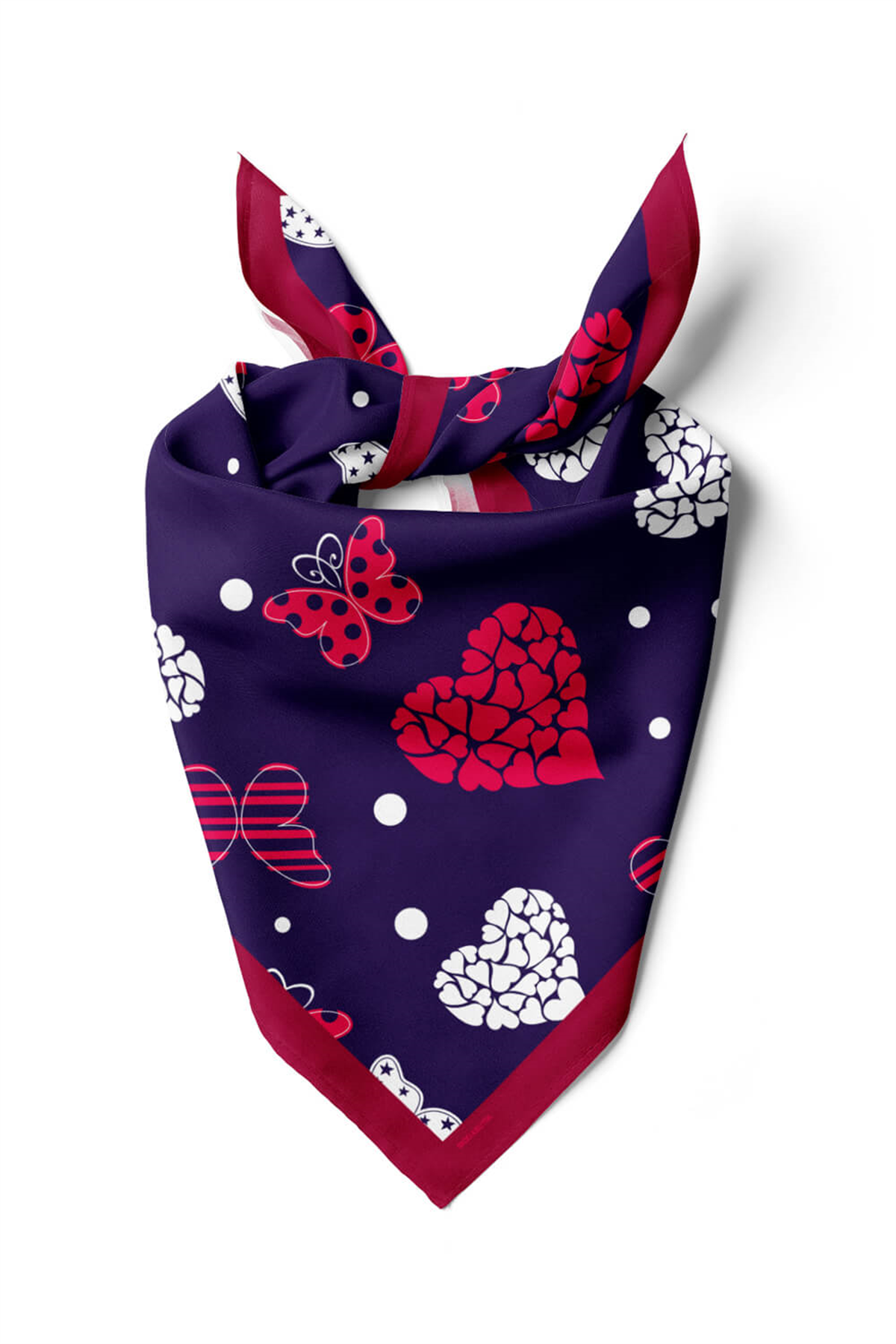 Y16 Kadın Kalp Ve Kelebek Desenli Bandana 50x50 Kırmızı Beyaz Mavi DG0471-22