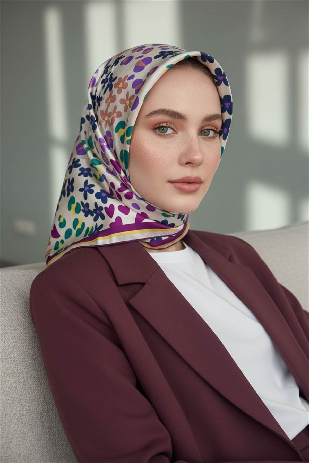 %100 Twill İpek Kalpli Leopar Desenli Krem - Mürdüm Renkli 90x90 Eşarp Dikim Şekli : El Dikişi