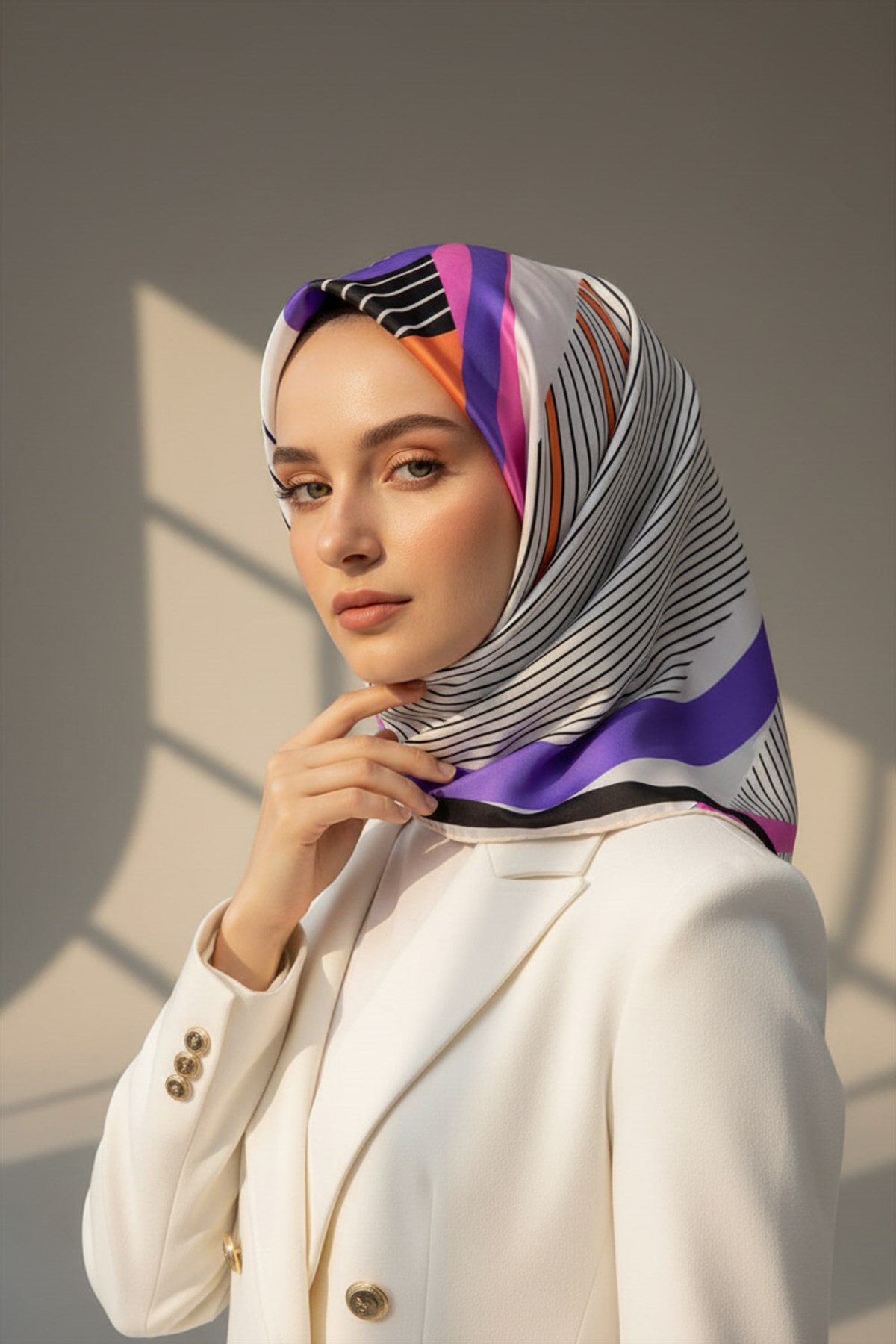 %100 Twill İpek Çizgili Geometrik Desenli Beyaz - Mor Renkli 90x90 Eşarp Dikim Şekli : El Dikişi
