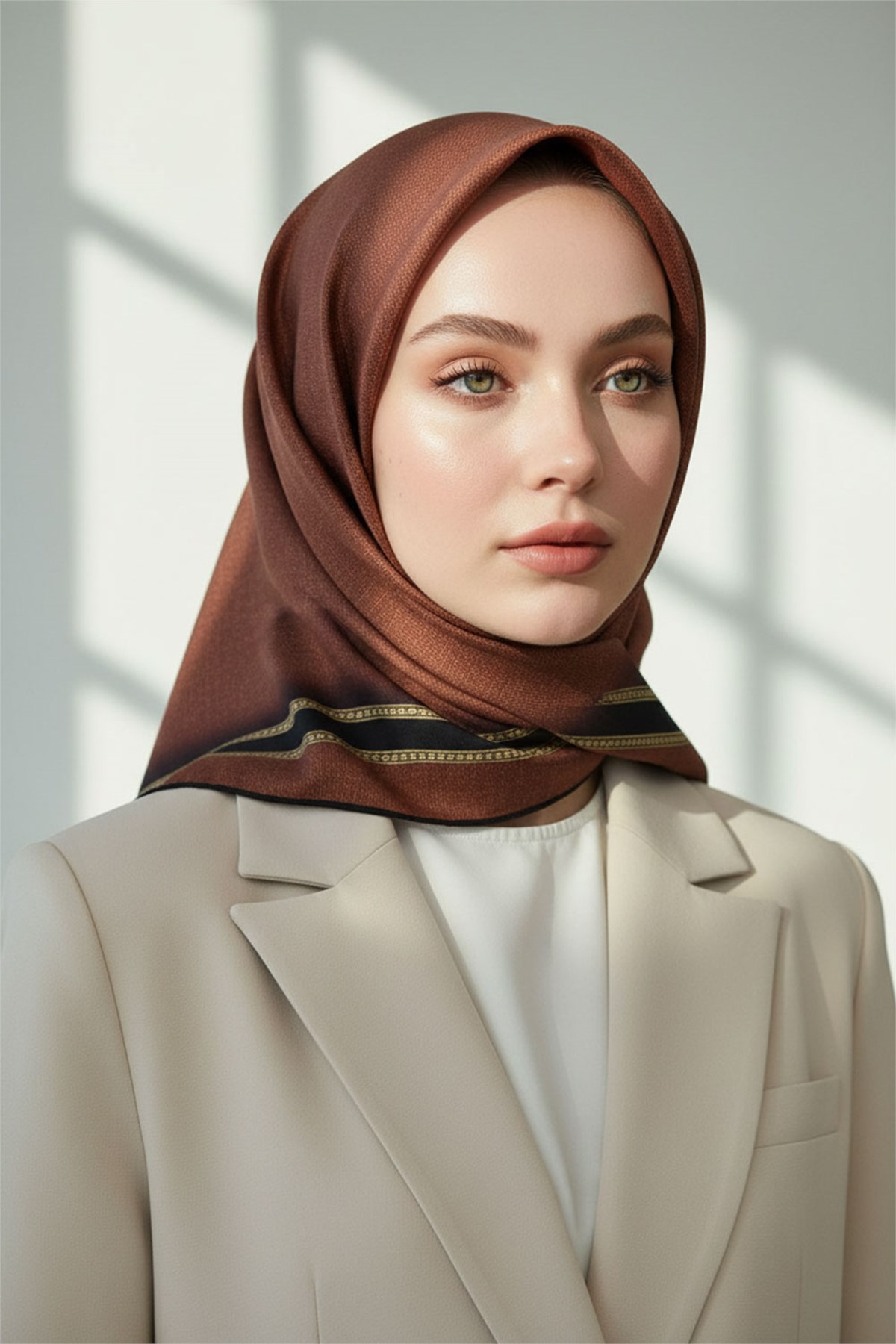 % 57 İPEK % 43 VİSKON Twill İpek Dokulu Şerit Desenli Siyah - Taba Renkli 90x90 Eşarp Dikim Şekli : El Dikişi