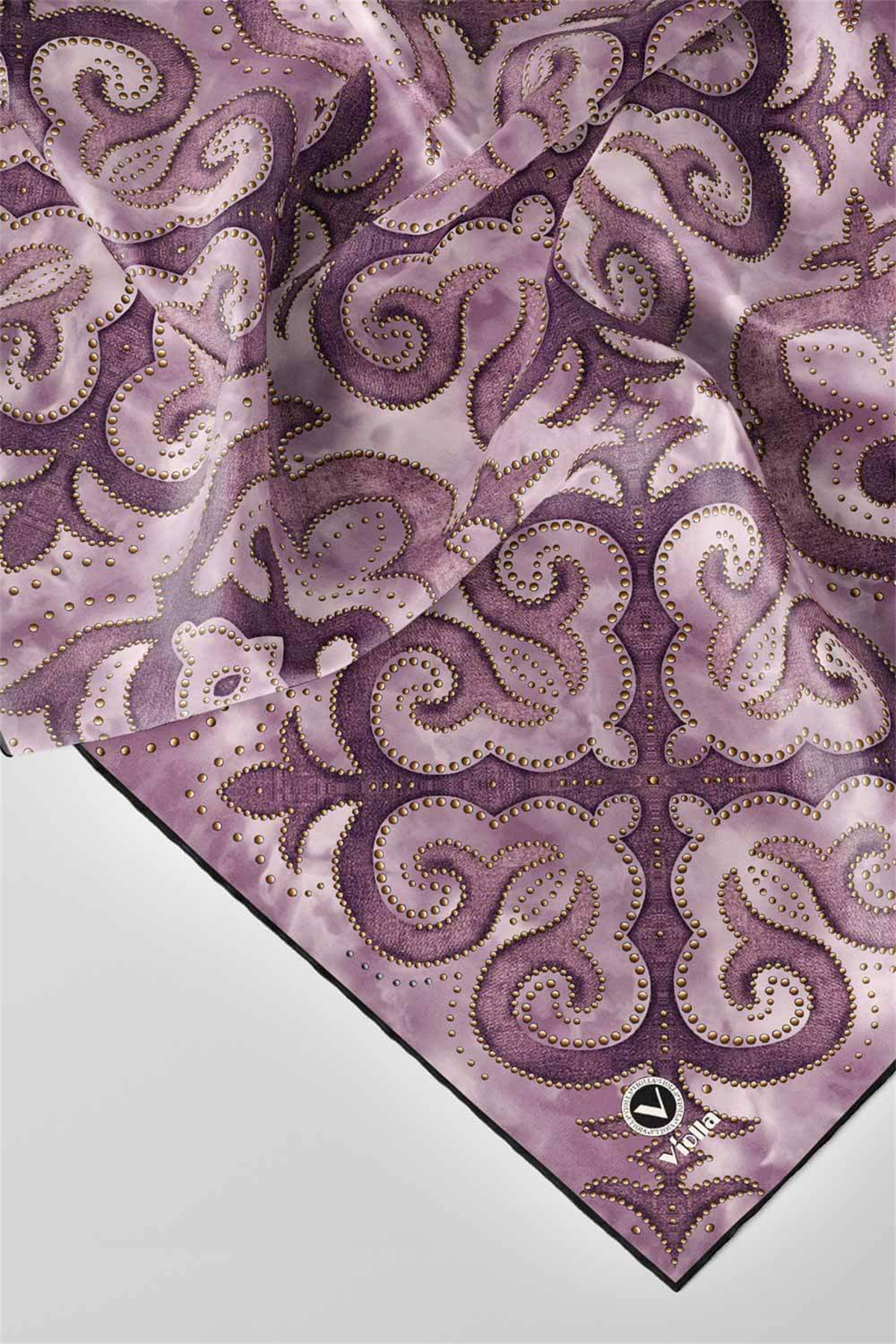 Twill Barok Desenli Lila Renkli 90x90 Eşarp (İpek İçermez) Kenar Dikiş Şekli El Dikişli