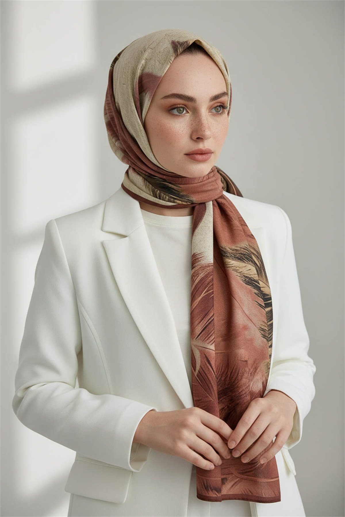 KREP YAPRAK DESENLİ PUDRA RENKLİ 75X195 KIRIŞMAZ ŞAL